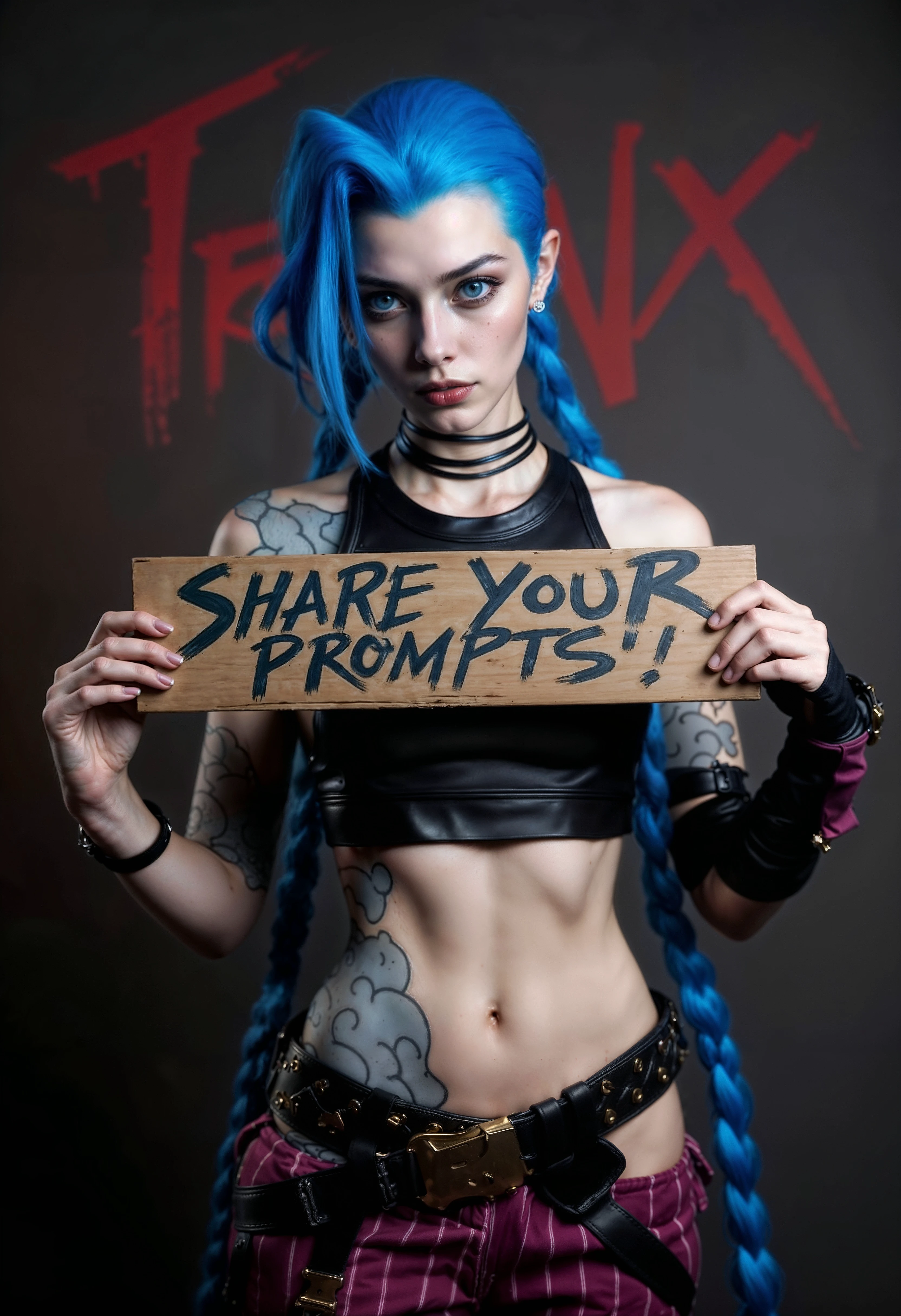 ultra realistic photo of JinxA holding a sign that says "Share your prompts!" in graffiti cool font, her crop top shows her tattoos, long blue braided hair, (maximum ultra high definition image quality and rendering:3), maximum image detail, maximum realistic render, (((ultra realist style))), realist side lighting, , 8K high definition, realist soft lighting, (amazing special effect:3.5)
<lora:FluxJinxV2:1>