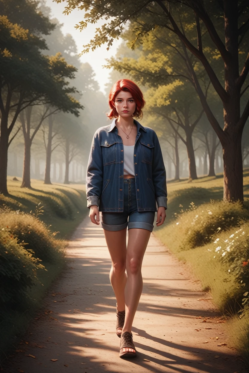 score_9, score_8_up, score_7_up,
<lora:DPDIMKate:0.8>
DPDIMKate, 1girl, red hair, brown eyes, looking at viewer, walking, countryside road lined with trees, late afternoon light casting long shadows, nostalgic and carefree vibe