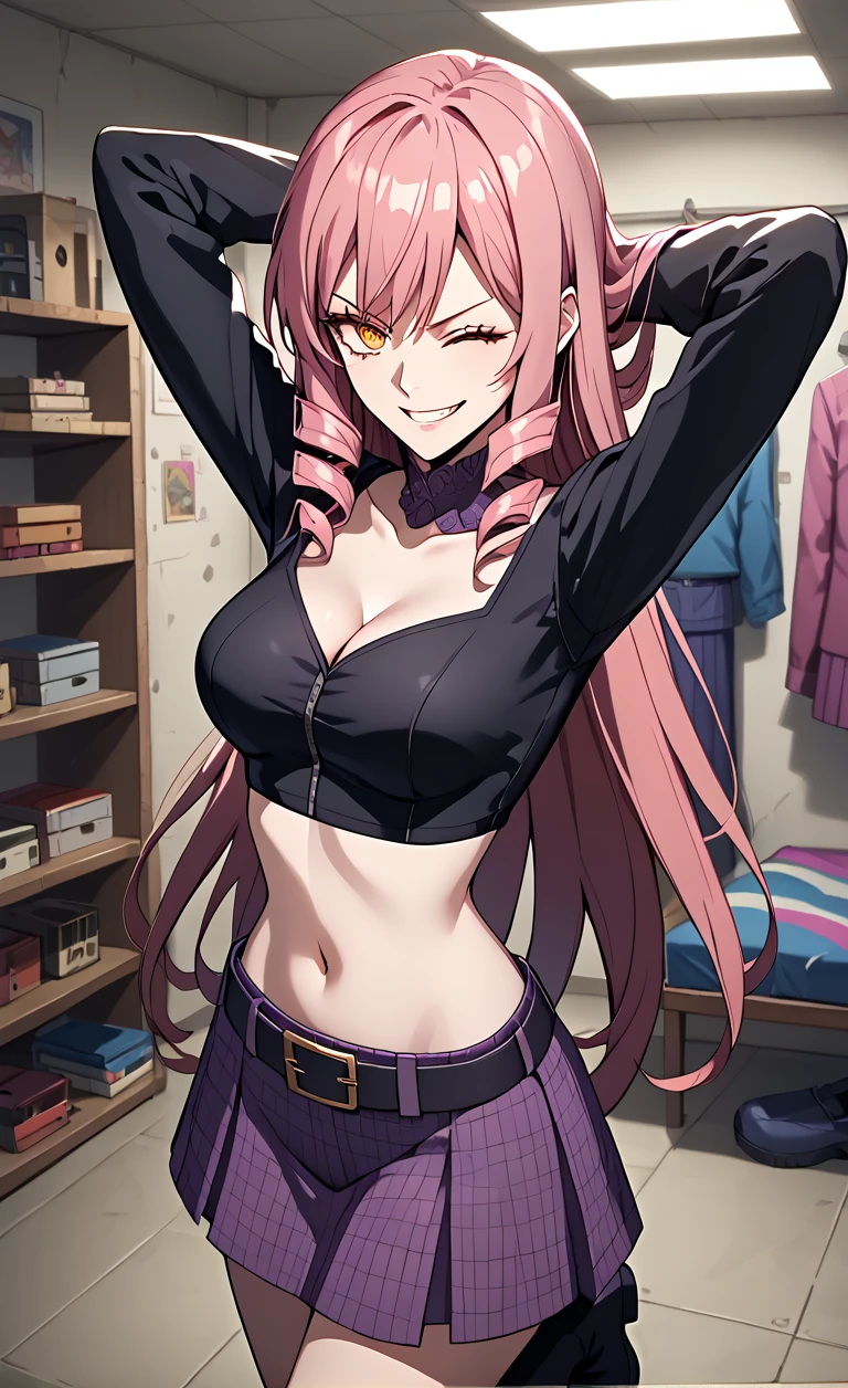 1girl, solo,
score_6, score_7, score_8, score_9,
masterpiece, best quality, highly detailed,
 <lora:Inukai_Isuke_Pony:1>, pink hair, long hair, drill hair, orange_eyes, yellow_eyes, midriff, navel, cleavage, black croptop, long sleeves, purple skirt, low_rise skirt, belt, high_boots,
smirk, 
sexy_pose, arms behind head, dorm room, ((winking)),