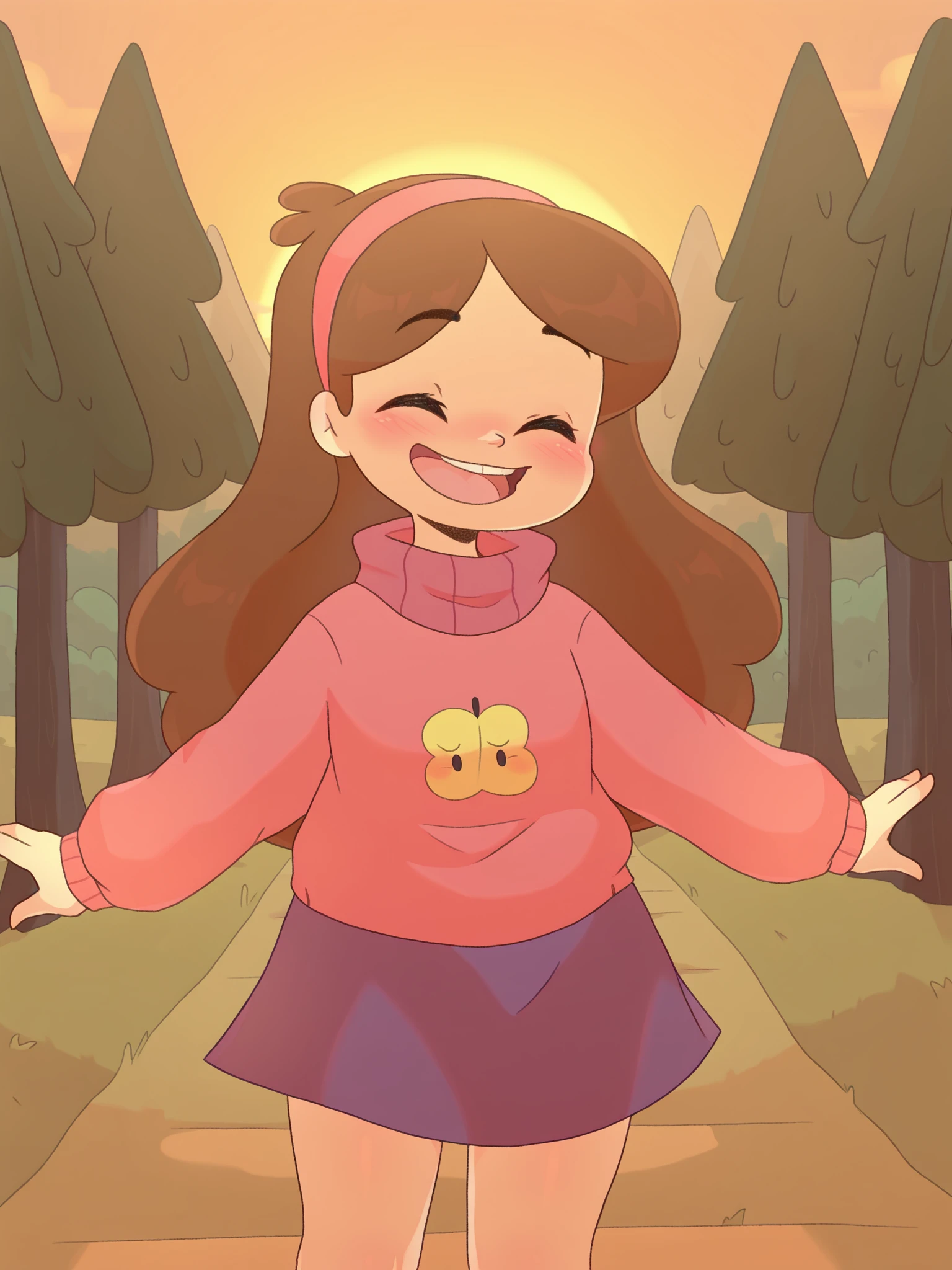 (masterpiece, best quality, very aesthetic, absurdres, artist:threek) (outdoors, forest, sunset, trees, detailed background:1.1)
1girl, female, human, humanoid, mabel pines, gravity falls, oversized clothing, pink sweater, turtleneck, open smile, happy, blush, eyes closed, purple skirt, hair band, brown hair, long hair, young <lora:Threek_Style_Ill:1>