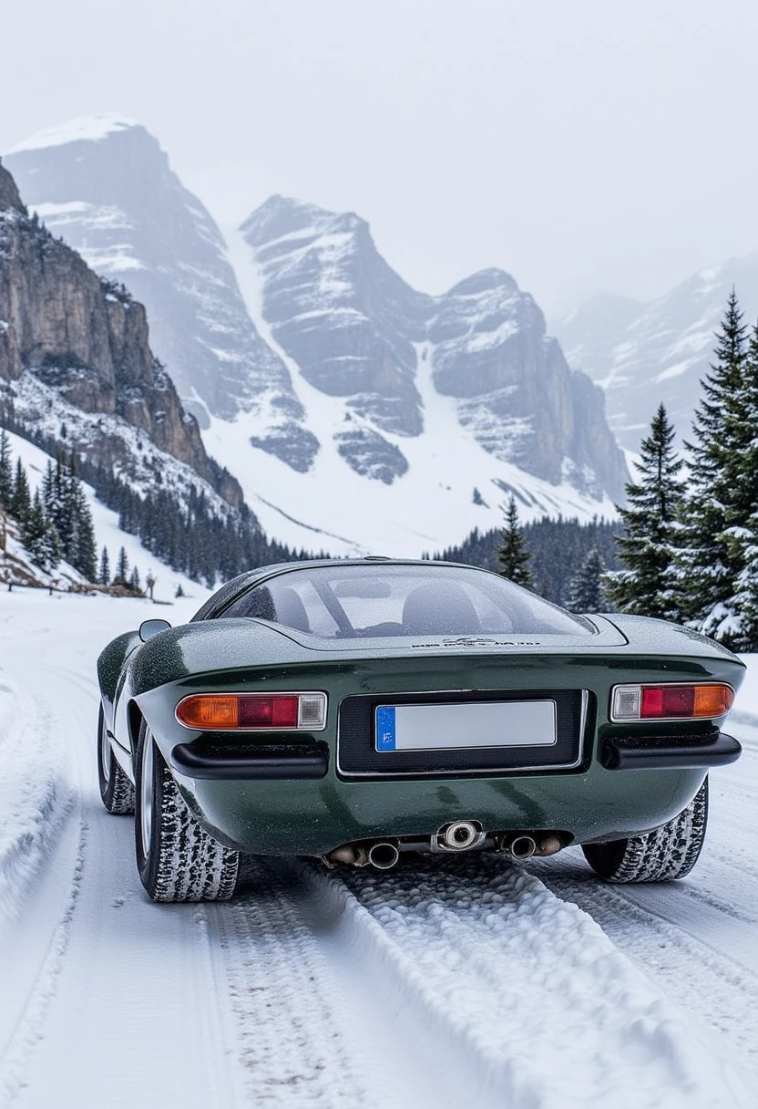 aromeo33, car parked on a snowy mountain trail, with snowflakes falling softly and the peaks towering in the background