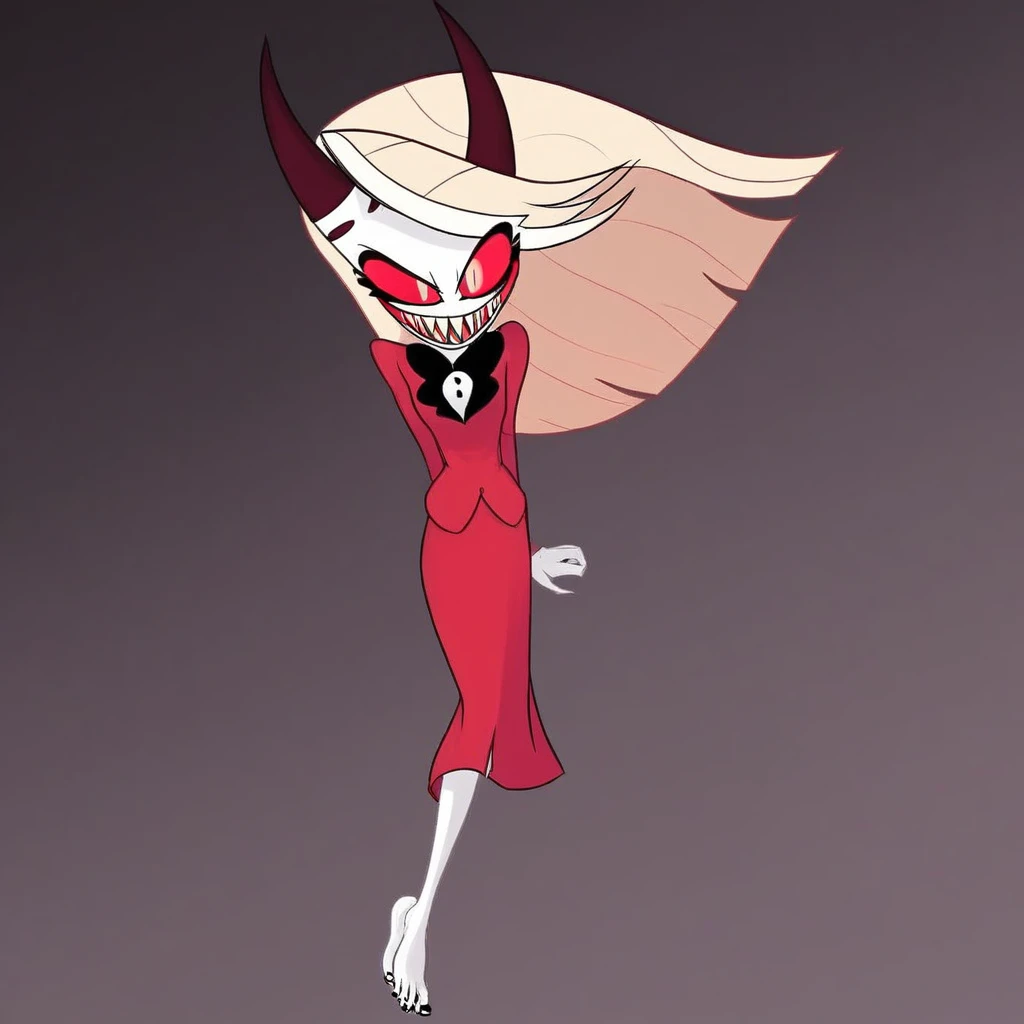 Medium close-up shot, a captivating image of a slender demon girl in Vivziepop's unique art style. The demon girl, with her high bust, slim waist, and wide hips, stands tall with long limbs. Her delicate features are accentuated by her large, mesmerizing eyes. The image is a detailed full-body portrait, showcasing her skinny frame and high-waisted attire.

In the background, there's a dimly lit, medieval setting with stone walls and dark corners. Glimpses of her red skin peek through the shadows, creating an enigmatic and captivating atmosphere. The demon girl flaunts her tall stature with