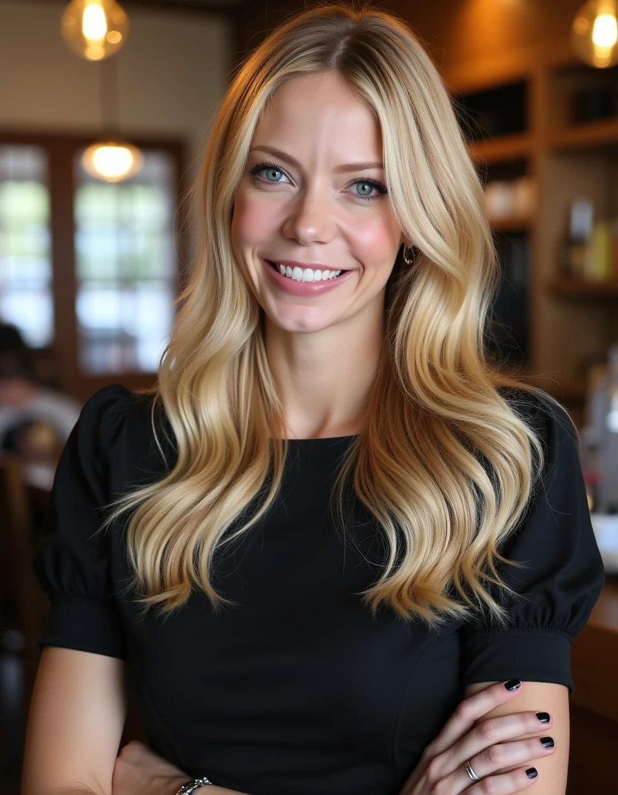 <lora:Riki_Lindhome_Flux:1>  beautiful detailed photograph, blonde hair cascading over her shoulders, wearing a boatneck dress, standing in a cafe  looking at the viewer, smile