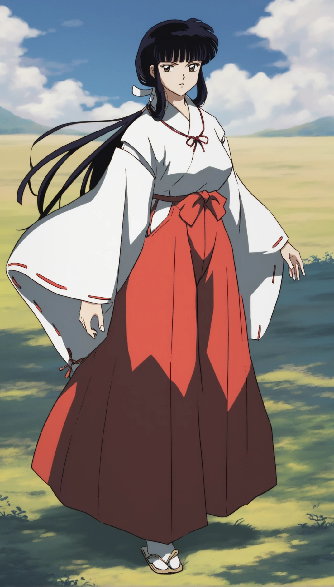 score_9,score_8_up,score_7_up,
<lora:11223kikyo:1>,
oykik,
1girl,solo,black hair,bangs,low ponytail,white scrunchie,
brown eyes,looking at viewer,parted lips,
white robe,red ribbon,red bow tie,red hakama,
white tabi,wooden sandals,
full body,facing aside,standing,
blue sky,cloud,grass,hill,