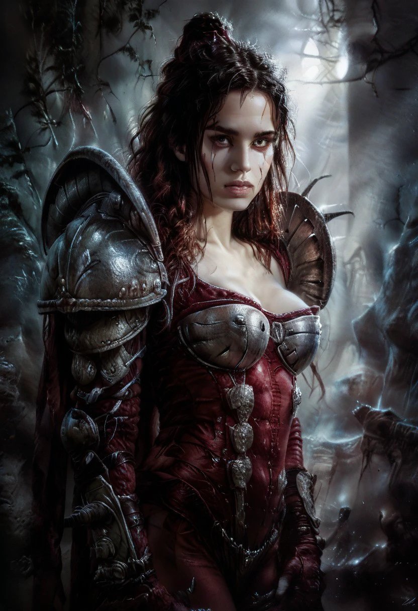 realistic, dark theme, low light, 1girl, solo.
Young beautiful face, fit body, (round breasts), 
LRArmor, Shoulder armor.