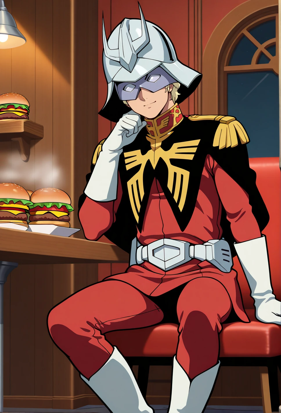 Masterpiece,best quality,vector art,lineart,looking at viewer,sitting at a restaurant,burger,heating,
edgCharAznable, solo,gloves, 1boy,  male focus, boots, belt, white gloves,  military uniform, mask, white footwear, helmet, red pants,capelet
 <lora:edgCharAznableILS:1>