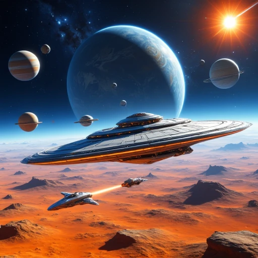 Digital illustration of a futuristic spaceship flying over a planet. the spaceship is in the center of the image, with a large blue planet in the background. the planet is surrounded by several smaller planets and stars, and there is a bright orange sun in the top right corner. the sky is a deep blue, and the planet appears to be glowing with a warm glow. in the foreground, there are several smaller spaceships flying around the planet, with one in the foreground and two in the distance. the planets are of different sizes and colors, and they are arranged in a way that creates a sense of depth and dimension. the background is a vast expanse of red and orange hues, representing the vastness of space. the overall color scheme of the illustration is vibrant and colorful, with shades of blue, orange, and yellow.