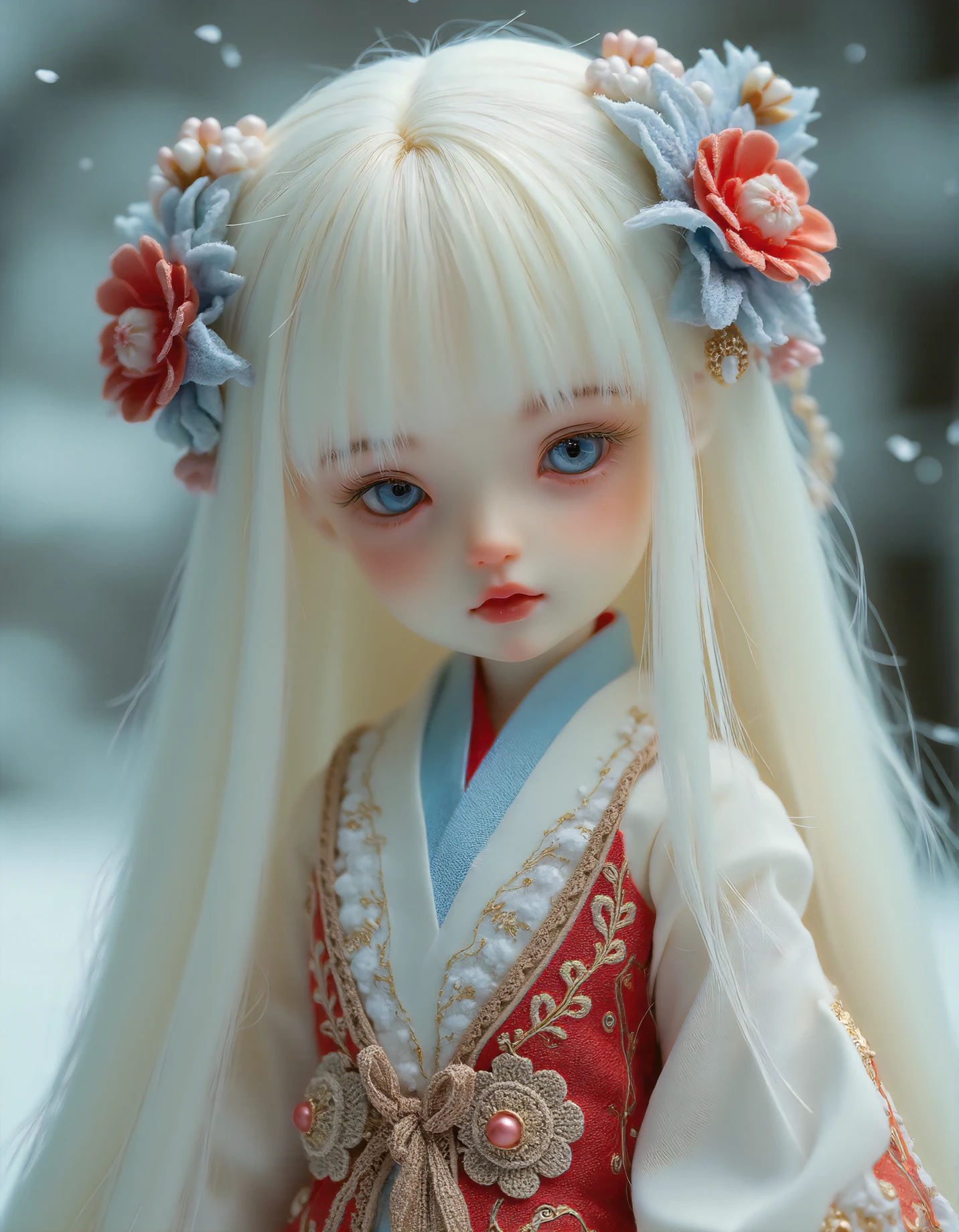 bjdoll, This is a highly detailed photograph of a porcelain doll with an ethereal, anime-inspired appearance. The doll has long, straight, platinum blonde hair adorned with intricate floral hairpieces featuring white, blue, and red flowers, and pearl accents. Her pale skin contrasts with her striking blue eyes and full, red lips. She wears a luxurious, traditional Japanese kimono with red and gold patterns, white sleeves, and a blue inner robe. The background is a soft, blurred winter landscape. The doll exudes a delicate, almost otherworldly beauty.
 <lora:bjd:1>