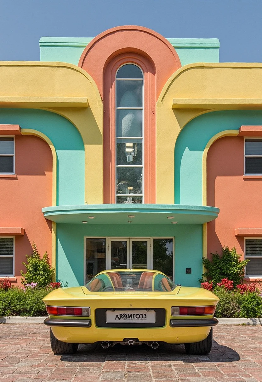 aromeo33, car parked in front of an Art Deco building, with vibrant pastel tones and a retro-futuristic vibe.
