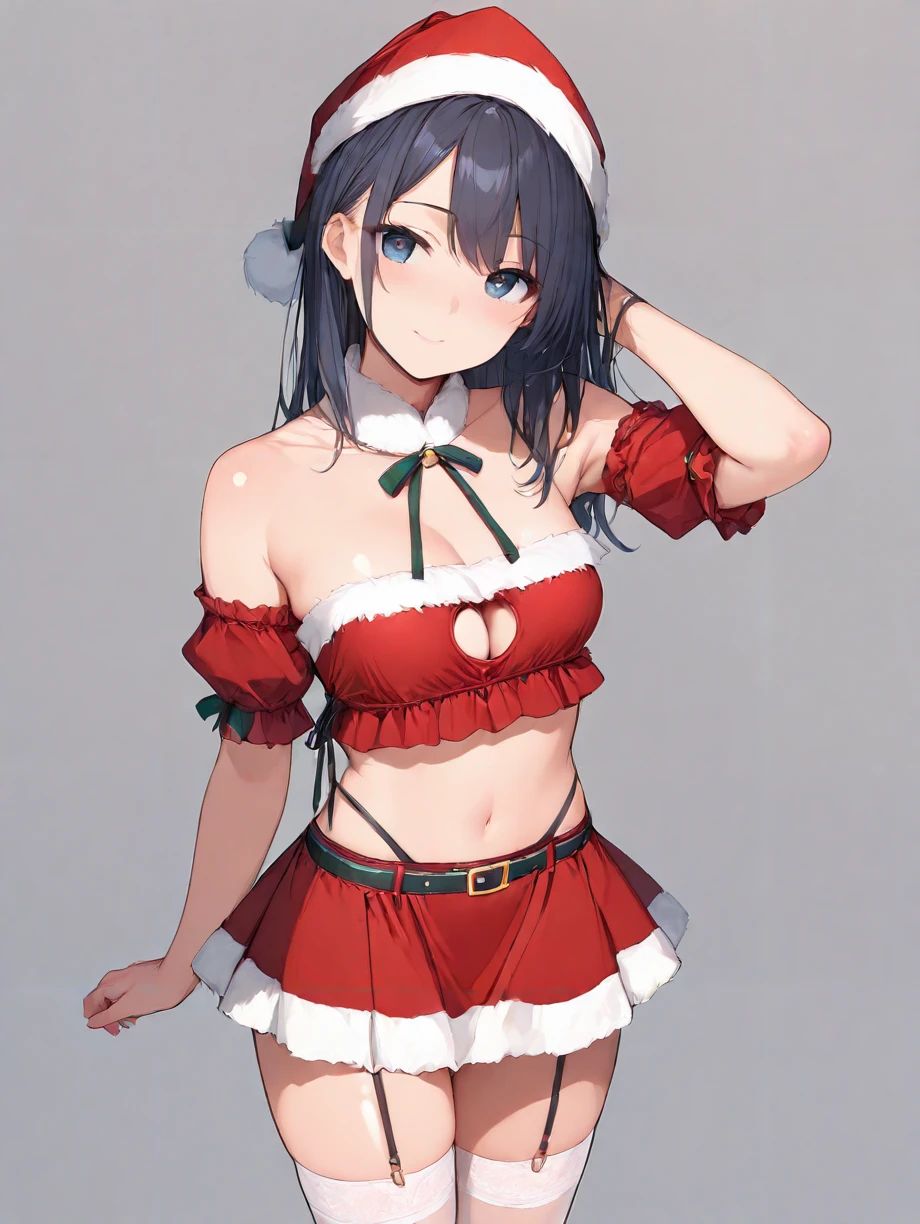 (masterpiece,ultra-detailed,best quality,8K,CG:1),illustration,(cute face,clean skin ,shiny hair,ultra-detailed-eyes:1),solo,1girl,(simple background:1.0), <lora:sexy santa_illustrious_V1.0:0.7> sexy santa, navel, midriff, santa hat, thighhighs, skirt, cleavage cutout,red clothes