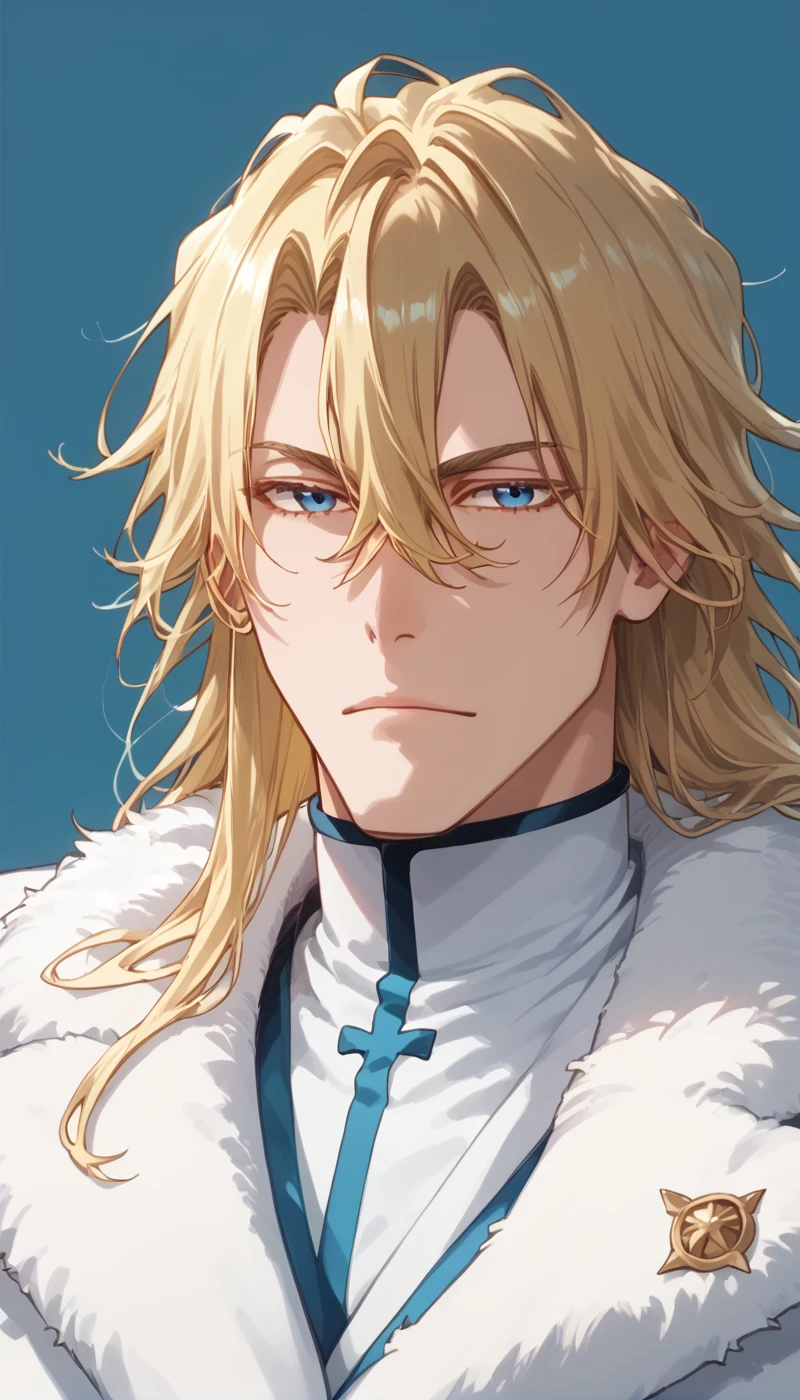 score_9, score_8_up, score_7_up, score_6_up, score_5_up, score_4_up, best quality, masterpiece, simple background, blue background,
<lora:Jugram:1> solo, blonde hair, 1boy, male focus, long hair, blue eyes, looking at viewer, simple background, hair between eyes, closed mouth, fur trim,