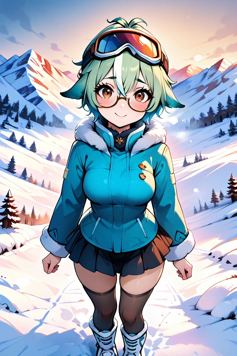 masterpiece, best quality, 32k, high resolution, absurdres, medium breasts, (curvy), cute, eyelashes, vivid colors, BREAK  ,,, zzSucrose, ahoge, brown eyes, glasses, gradient hair, hair between eyes, messy hair, multicolored hair, semi-rimless eyewear, short hair, <lora:SucroseGenshinIXL:1.0>,,,,,, tiny woman, small woman , petite, short body, skinny, cute girl, pretty girl, innocent girl, snowbunnies,  ski resort mountaintop,  instagram model, fur trim, jacket,  next to snowboard, ski goggles on head, detailed face, perfect makeup, long eyelashes, skirt, fit body, smile, shy, looking at viewer, high angle, <lora:SmoothAnimeIXL:0.8>, <lora:princess_xl_v2:0.3>, <lora:snowbunnies:0.8>,