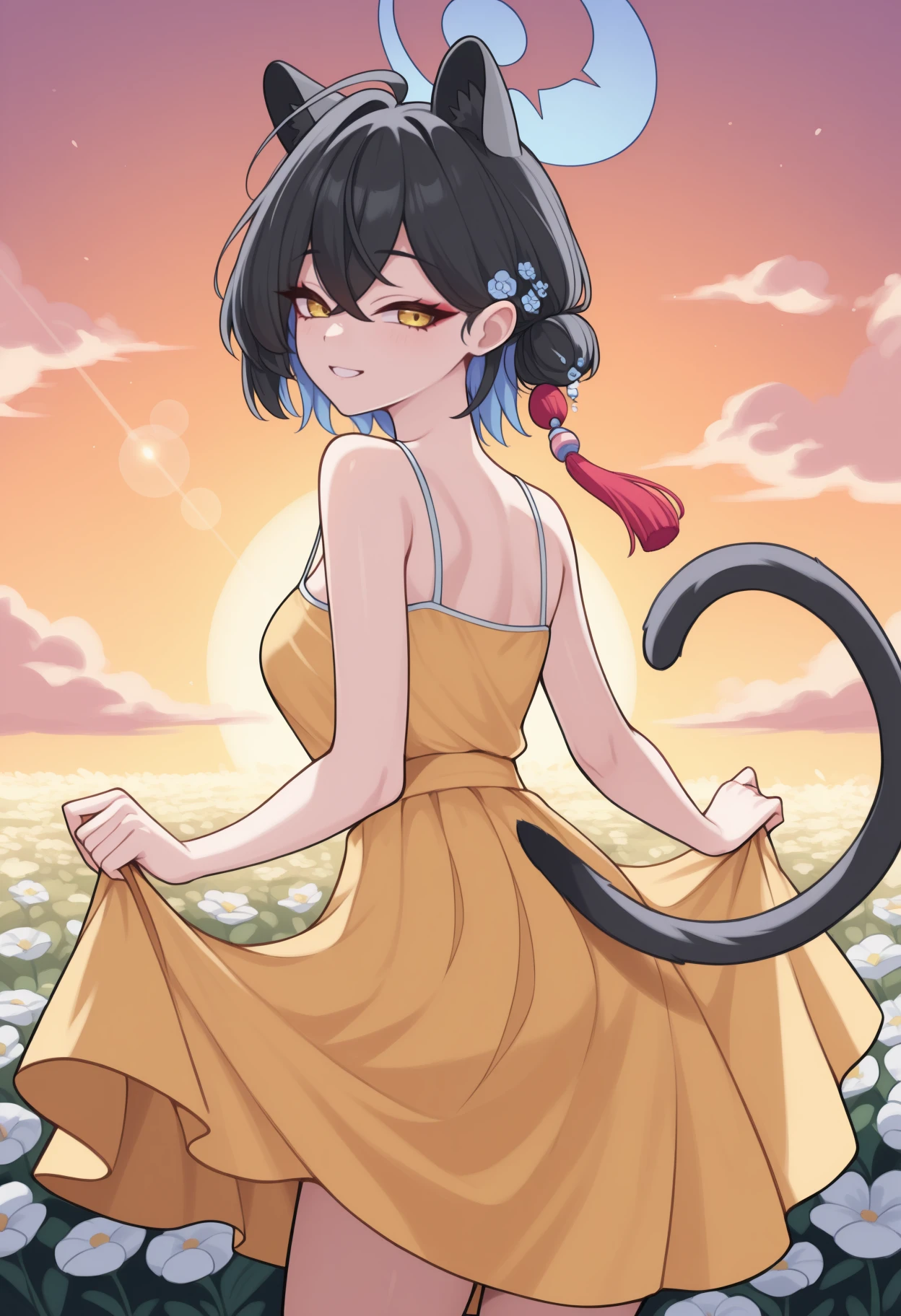 masterpiece, best quality, <break> from behind, solo, 1girl, k4guya, cat tail, smile, looking back, standing, skirt hold, short hair, colored inner hair, black hair, hair between eyes, crossed bangs, ahoge, hair bun, tassel hair ornament, animal ears, blue halo, yellow eyes, yellow sundress, bare shoulders, outdoors, sunset, cloud, flower field, sunlight, lens flare
<segment:yolo-Anzhc Face seg 640 v2 y8n.pt,0.4,0.5//cid=1>