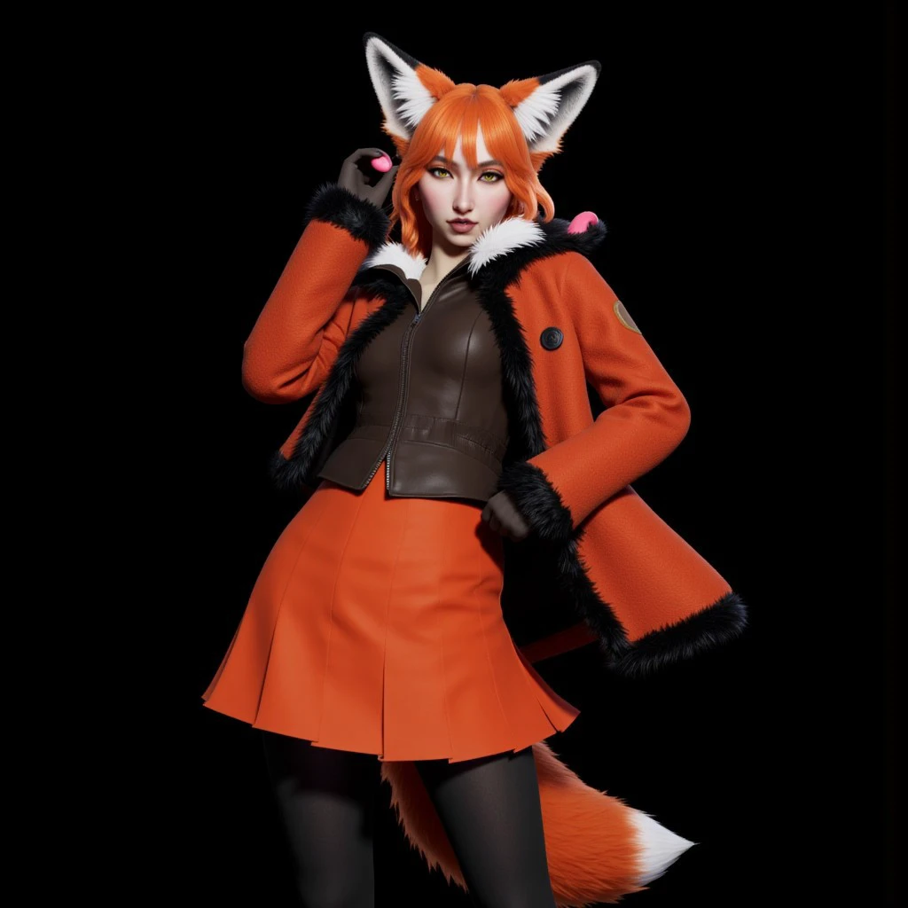 Inzoi style,solo,posing,looking at viewer,holding candy,portrait,black background,bald,1fox, animal ears, multicolored fur, orange fur, white fur, animal nose,yellow eyes, fur-trimmed coat, fur-trimmed sleeves, fur-trimmed skirt, orange coat, orange skirt, black gloves, black pantyhose, fox tail,