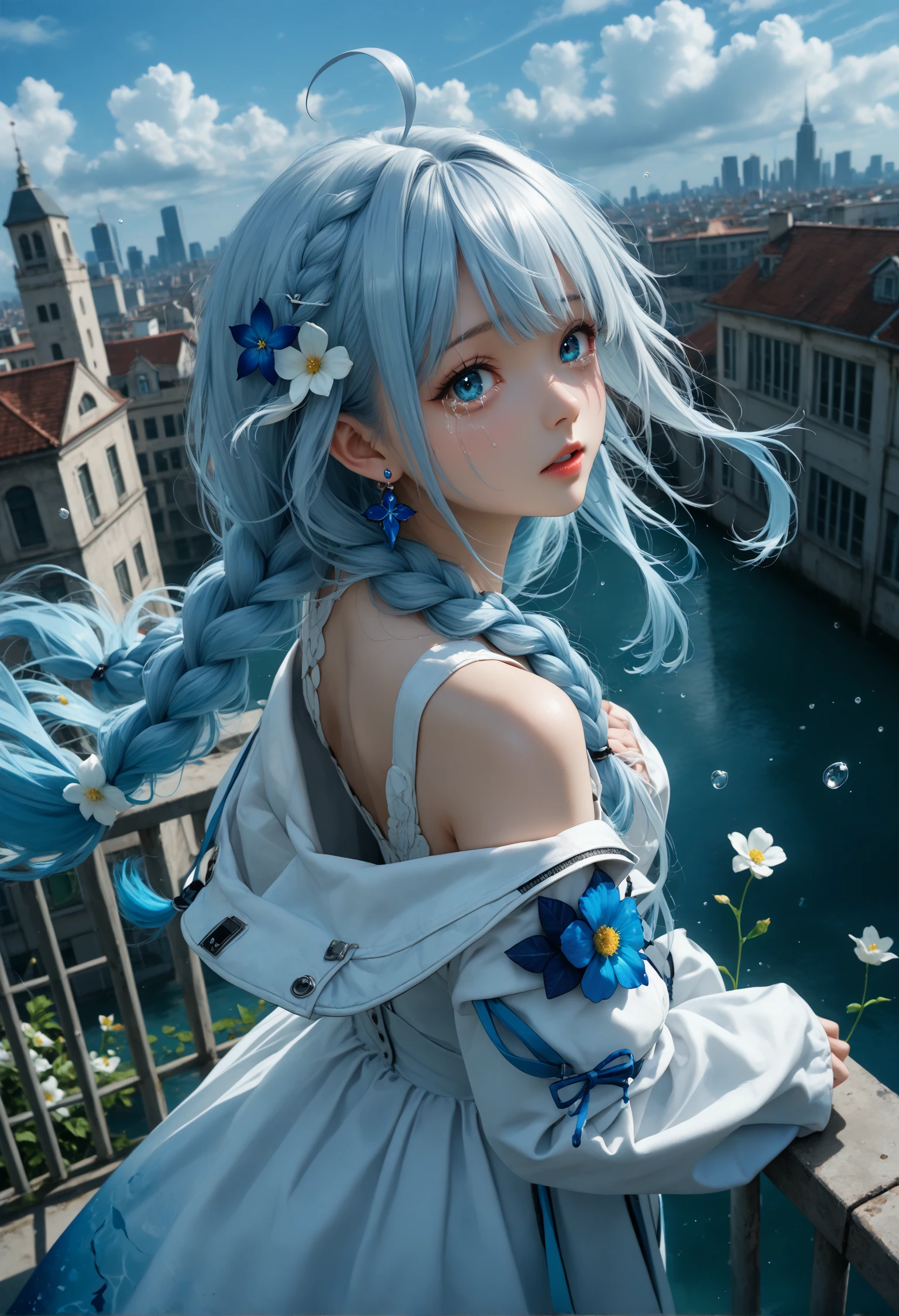 from_above,from_side,1girl, solo, flower, long hair, braid, cloud, sky, virtual youtuber, outdoors, blue eyes, dress, floating hair, ahoge, off shoulder, white flower, white dress, blue hair, sleeves past wrists, jacket, hair ornament, looking at viewer, white hair, long sleeves, cloudy sky, parted lips, white jacket, twin braids, building, earrings, jewelry, tears, water, open clothes, blue flower very aesthetic,