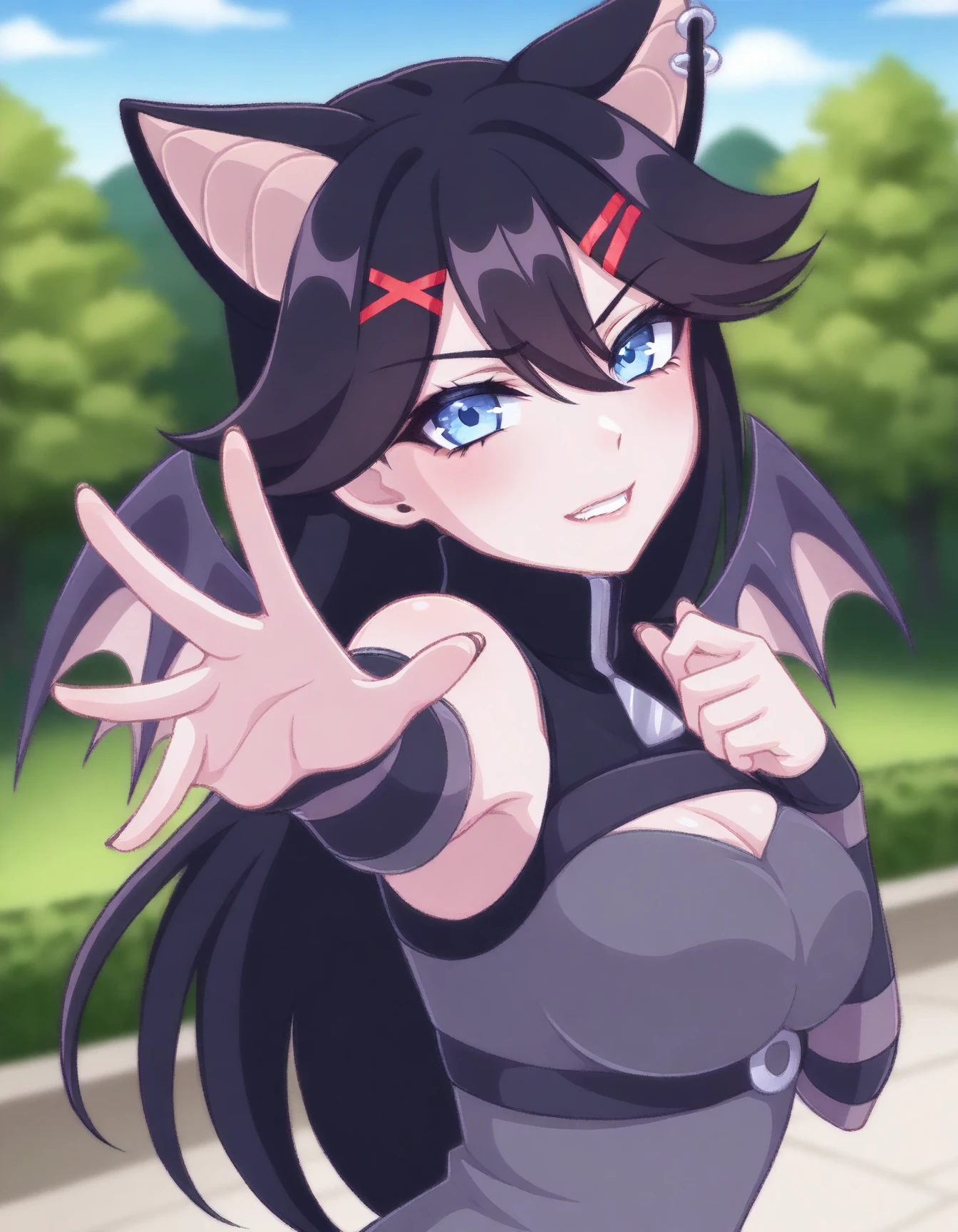 F1ndVKSt1ckers,  feline ears, dark hair, long hair, blue eyes, bat wings, foreshortening, dynamic pose, reaching towards viewer, upper body, from side, park, blue sky
 <lora:F1ndVKSt1ckers_illustriousXL:0.9>