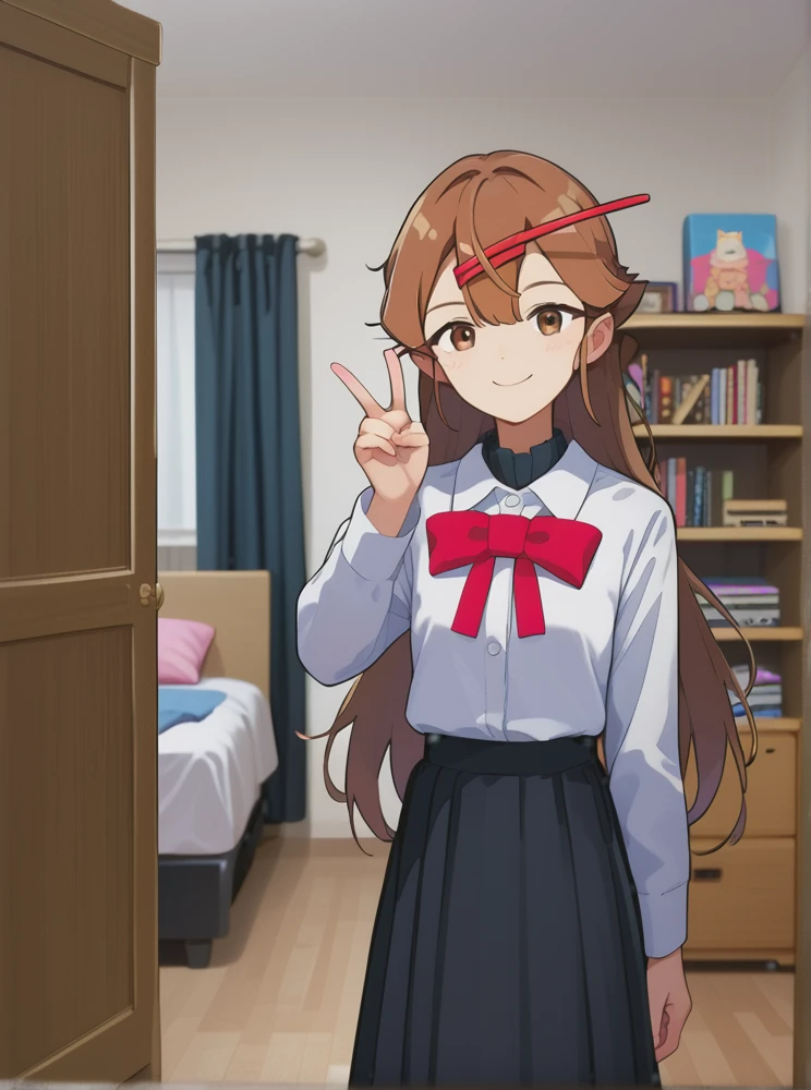 <lora:KonrinzaiZako:1.0>, (anime visual), score_9, score_8_up, score_7_up, score_6_up, Konrinzai_Zako, brown hair, long hair, red hairclip, brown eyes, white shirt, long sleeves, red ribbon, black long skirt, apartment room backgrounds, (standing in room, V, smile),