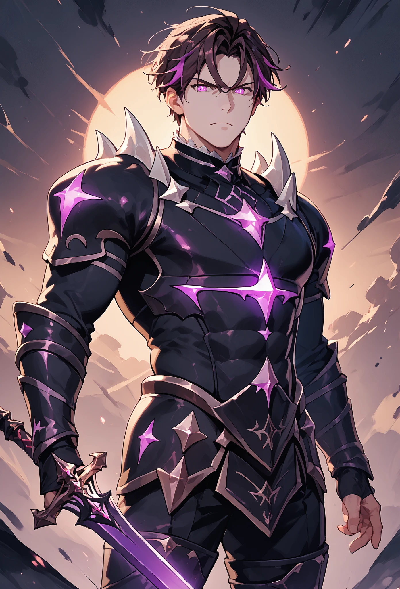 score_9, score_8_up, score_7_up, score_6_up, score_5_up, score_4_up, zPDXL3, 1boy, solo, western comic style, standing, Kayron, spiked shoulders, short brown hair, pale skin, (holding) black and purple sword, purple eyes, muscular, black armor, glowing purple armor sigils, muscular, lineart, flat color, (floating, midair), dark sky background with purple highlights, masculine, volumetric lighting, shadows, dynamic lighting  <lora:Kayron_-_Epic_Seven_Pony-000009:0.8>