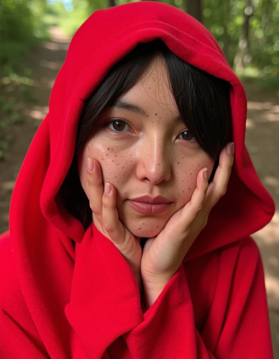 A detailed photo of karimadabgho, ( face focus, eye focus), 1 futa, freckles, slutty petite bombshell, skinny, (anorexic:1.1), detailed skin, wearing only a red hooded cape, (implied nudity), naked under her cape, holding the cape in a suggestive way, cape wrapped around her suggestively, teasing, tease, sexy, covering herself with her hands, breast squeeze, sideboob, detailed bare perfect small nipples, flat breasts, microwaist, narrow hips, dark rich hair, ponytail, big pretty green eyes, innocent eyes, sexy, long lean legs, playful, forest path, dirt path, sunny day hike, concept art, cell shading, masterpiece, detailed face, beautiful, provocative, dark fantasy style, black micro thing, FUTA, futari, detailed red hood and cape, cape from floor forest floor to head, <lora:karimadabgho:1.1>, <lora:nipplediffusion:0.7>, <lora:pzzy:0.6>