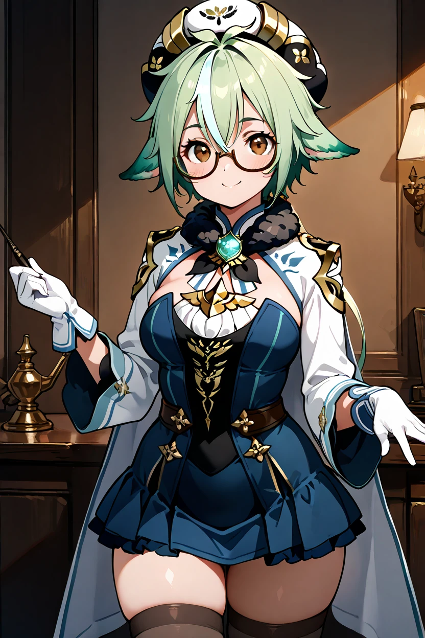 masterpiece, best quality, medium breasts, (curvy), cute, eyelashes, smile,    zzSucrose, ahoge, animal ears, brown eyes, glasses, gradient hair, hair between eyes, messy hair, multicolored hair, semi-rimless eyewear, short hair, frills, fur collar, gem, gloves, thighhighs, long sleeves, white headwear, zettai ryouiki, skirt, blue skirt, <lora:SucroseGenshinIXL:1.0>, ,