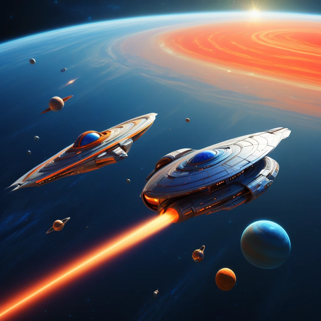 Digital illustration of a futuristic spaceship flying over a planet. the spaceship is in the center of the image, with a large blue planet in the background. the planet is surrounded by several smaller planets and stars, and there is a bright orange sun in the top right corner. the sky is a deep blue, and the planet appears to be glowing with a warm glow.  in the foreground, there are several smaller spaceships flying around the planet, with one in the foreground and two in the distance. the planets are of different sizes and colors, and they are arranged in a way that creates a sense of depth and dimension. the background is a vast expanse of red and orange hues, representing the vastness of space. the overall color scheme of the illustration is vibrant and colorful, with shades of blue, orange, and yellow.