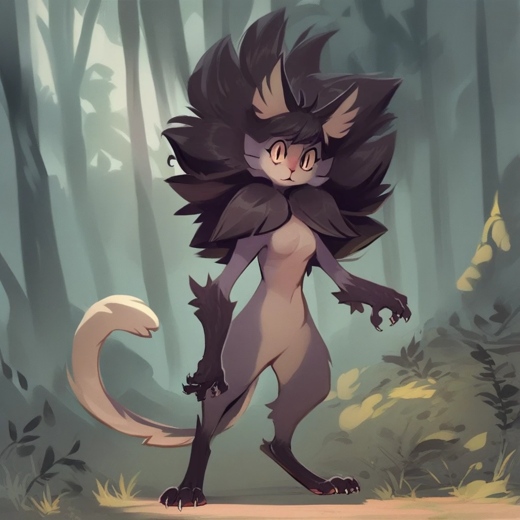 score_9, score_8_up, score_8, score_7, source_cartoon, source_furry, Solo, 1girl, cat, catgirl, anthro, female furry, gray and black fur, black mane, cute face, two-tone tail, digigrade feet, sharp claws, full body, nude, forest background, standing, looking at viewer, neutral expression,