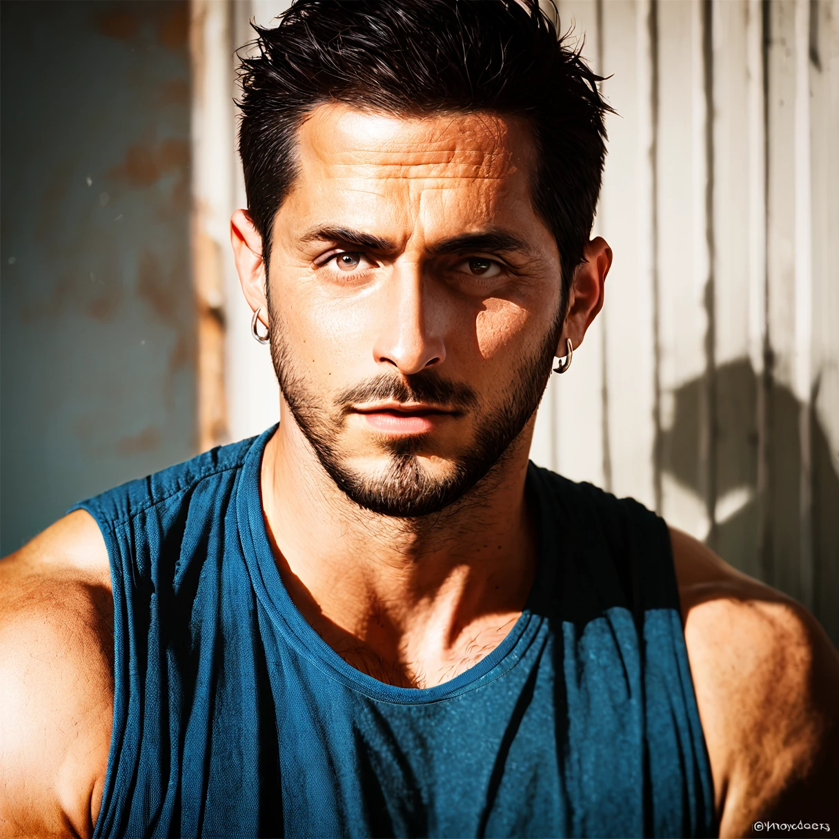 score_9, score_8_up, score_7_up, score_6_up, 1boy, tank top, sleeveless shirt, broad shouderls, muscular, tomer capone, looking at you, stubble, close up, wall, standing, beard, moustaches, looking at you, ((short hair)), chest hair, didzoodz, realistic, loop earring