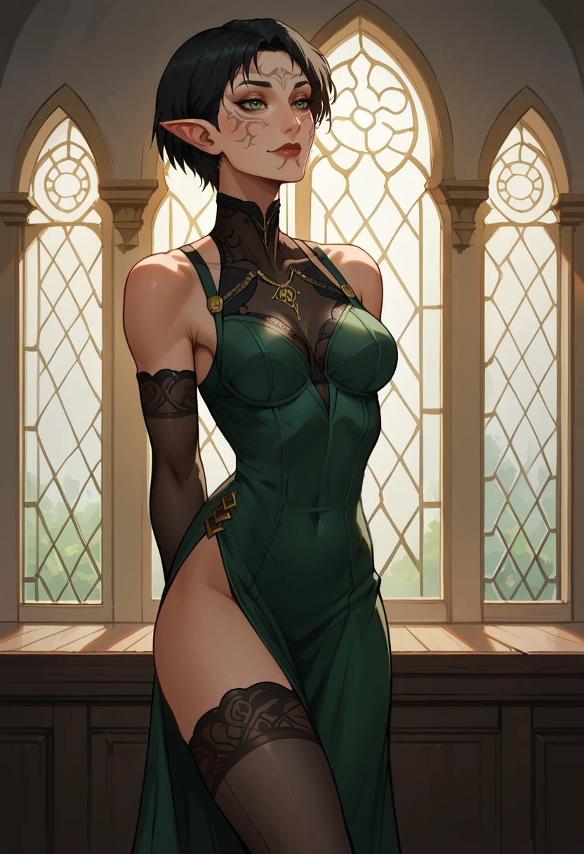 score_9, score_8_up, score_7_up, 1girl, solo,  SulfS-M3rr1LL, pointy ears, face tattoo, facial mark, short hair, black hair, green eyes,
green dress, black stockings, green elbow gloves, clothing patterns, lace, sexy pose, hands behind back,
detailed background, indoors, window, daylight, smiling, godrays,
<lora:Merrill_Dragon_age_2-000008:0.8>,   <lora:KimsanleeStylePonyLyco:0.8> kimsan,