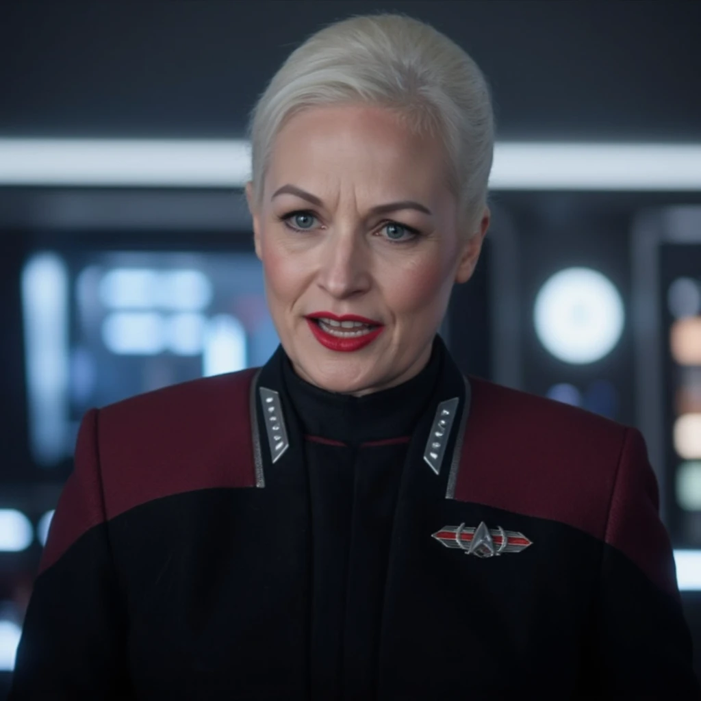 photo realistic,  LizShelby woman with grey hair wearing red star trek uniform <lora:LizShelby_PIC_Flux_v1:1.3>