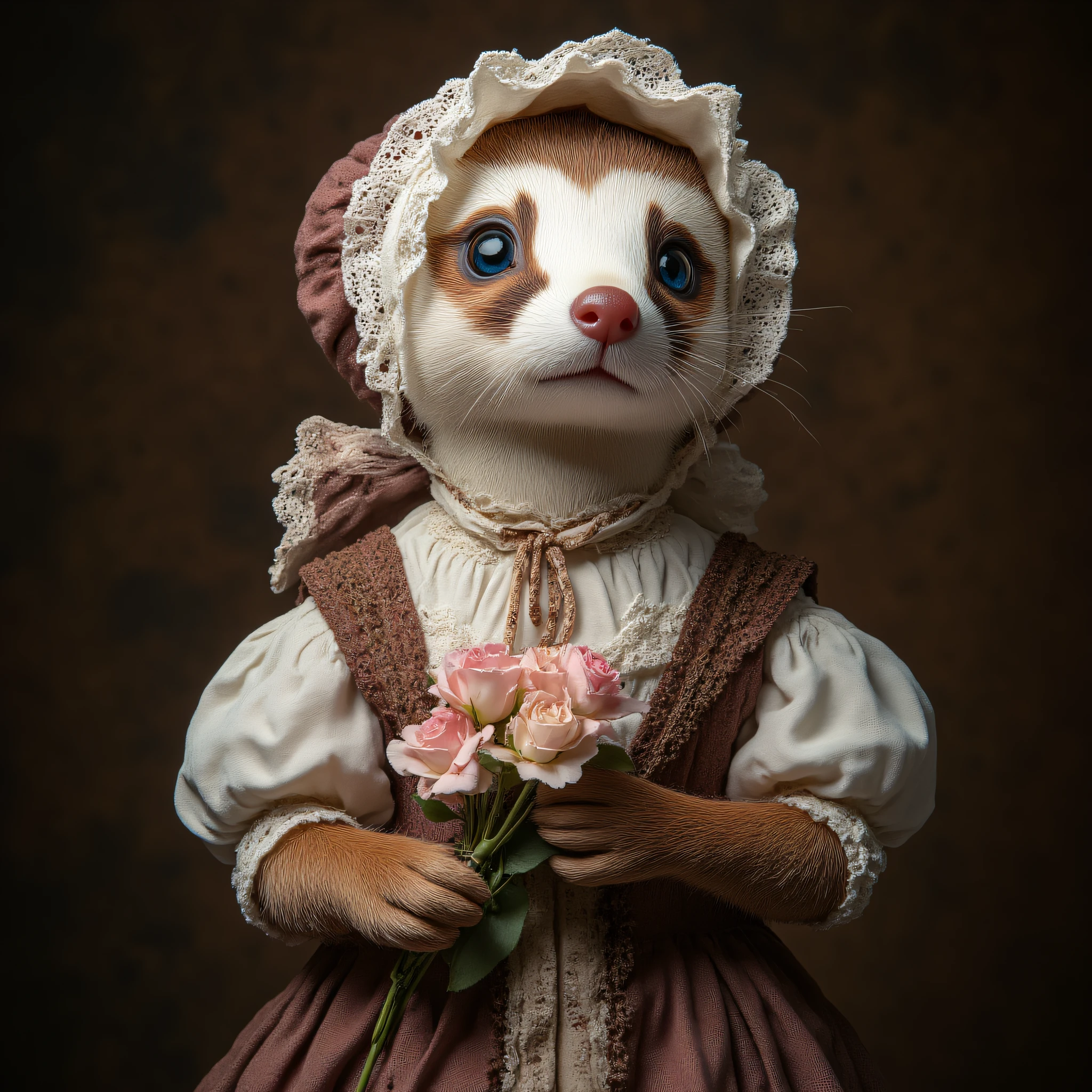 Anthropomorphic, cinematic setting, The image shows a ferret wearing a dress and bonnet holding a bouquet of flowers in its hands. The ferret has a white and brown coat and the background is a combination of brown and black., flower, bouquet, no humans, solo, blue eyes, holding, bow, white flower, brown background, looking at viewer