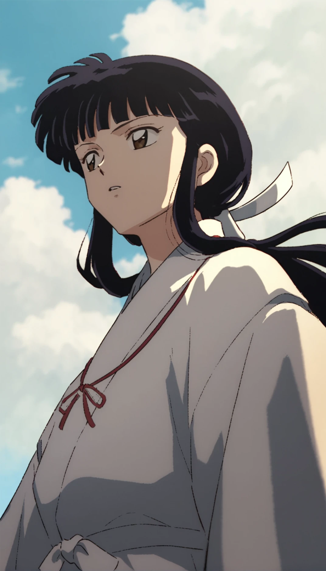 score_9,score_8_up,score_7_up,
<lora:11223kikyo:1>,
oykik,
1girl, solo, black hair, bangs, low ponytail, white scrunchie, brown eyes, looking to the side, parted lips, white robe, red ribbon, portrait, from below
outdoors,blue sky,cloud,