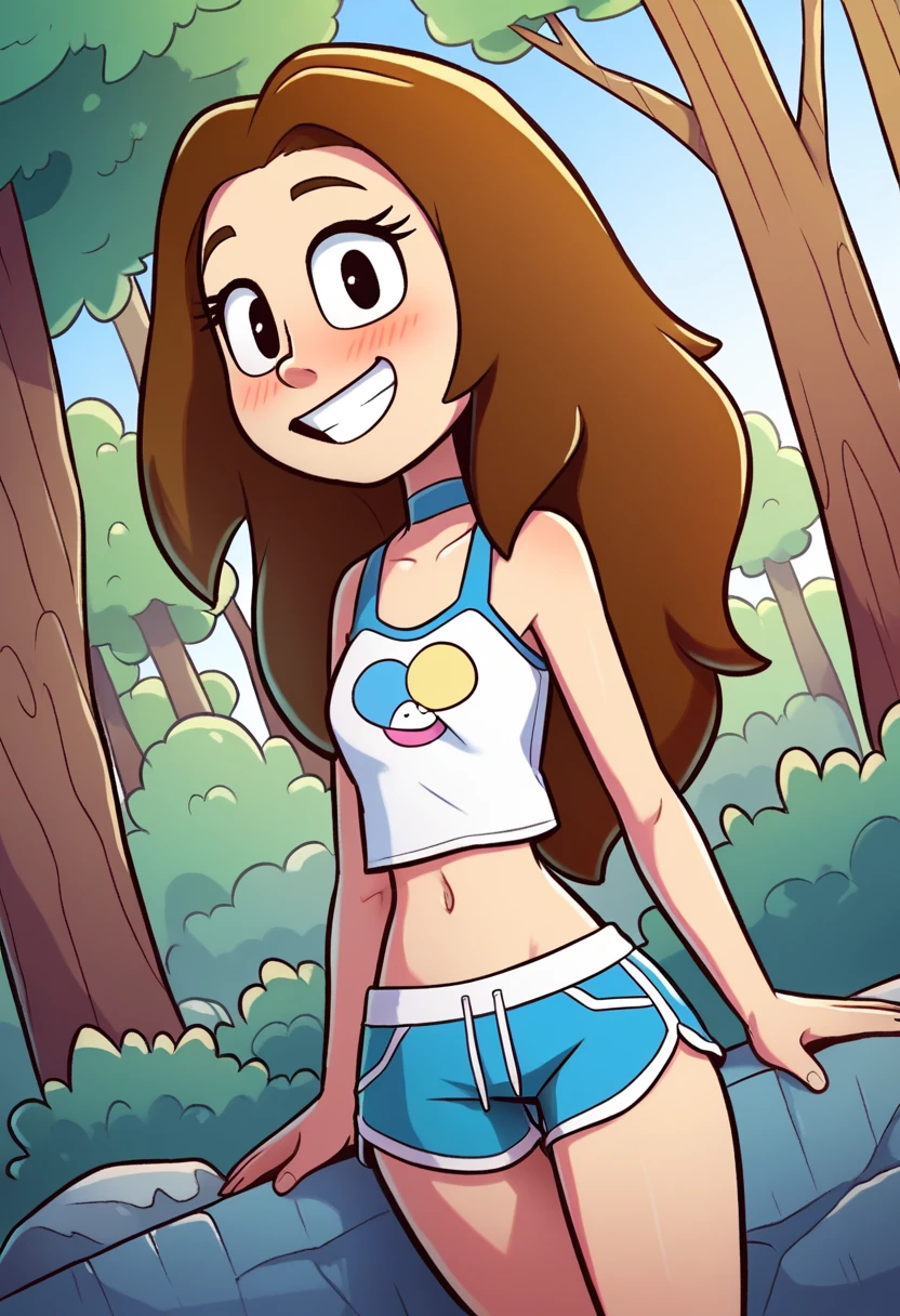 score_9, score_8_up, score_7_up, score_6_up, score_5_up, 1girl, solo,
<lora:Sophie (Storybooth):0.9>
Sophie_Storybooth, brown hair, long hair, dot eyes,
choker, grin, teeth, (dolphin shorts, crop top, midriff),
cute pose, dutch angle,
outdoors, (detailed background), forest, rock, trees,
looking at viewer, coy smile, flirtatious look,
sultry expression, blush,