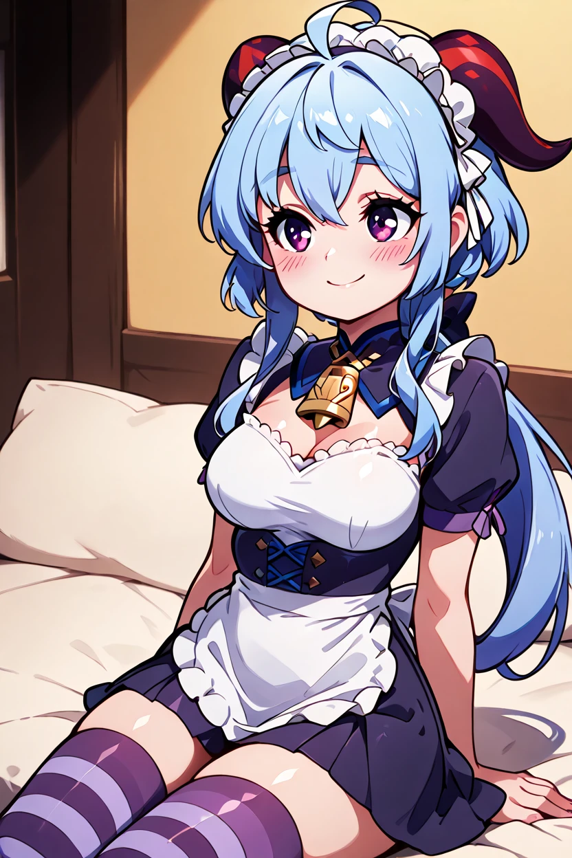 masterpiece, best quality, 32k, high resolution, absurdres, medium breasts, (curvy), cute, eyelashes, vivid colors, BREAK  ,,, zzGanyu, hair between eyes, purple eyes, ahoge, blue hair, goat horns, horns, long hair, low ponytail,        <lora:GanyuGenshinIXL:1.0>,  ,,,<lora:ShowByRock_Illustrious:1>, <lora:GoldenCATLoraIXL:0.8>,,,  solo, blush, smile, thighhighs, dress, bow, sitting, closed eyes, striped, maid headdress, bell, striped thighhighs,