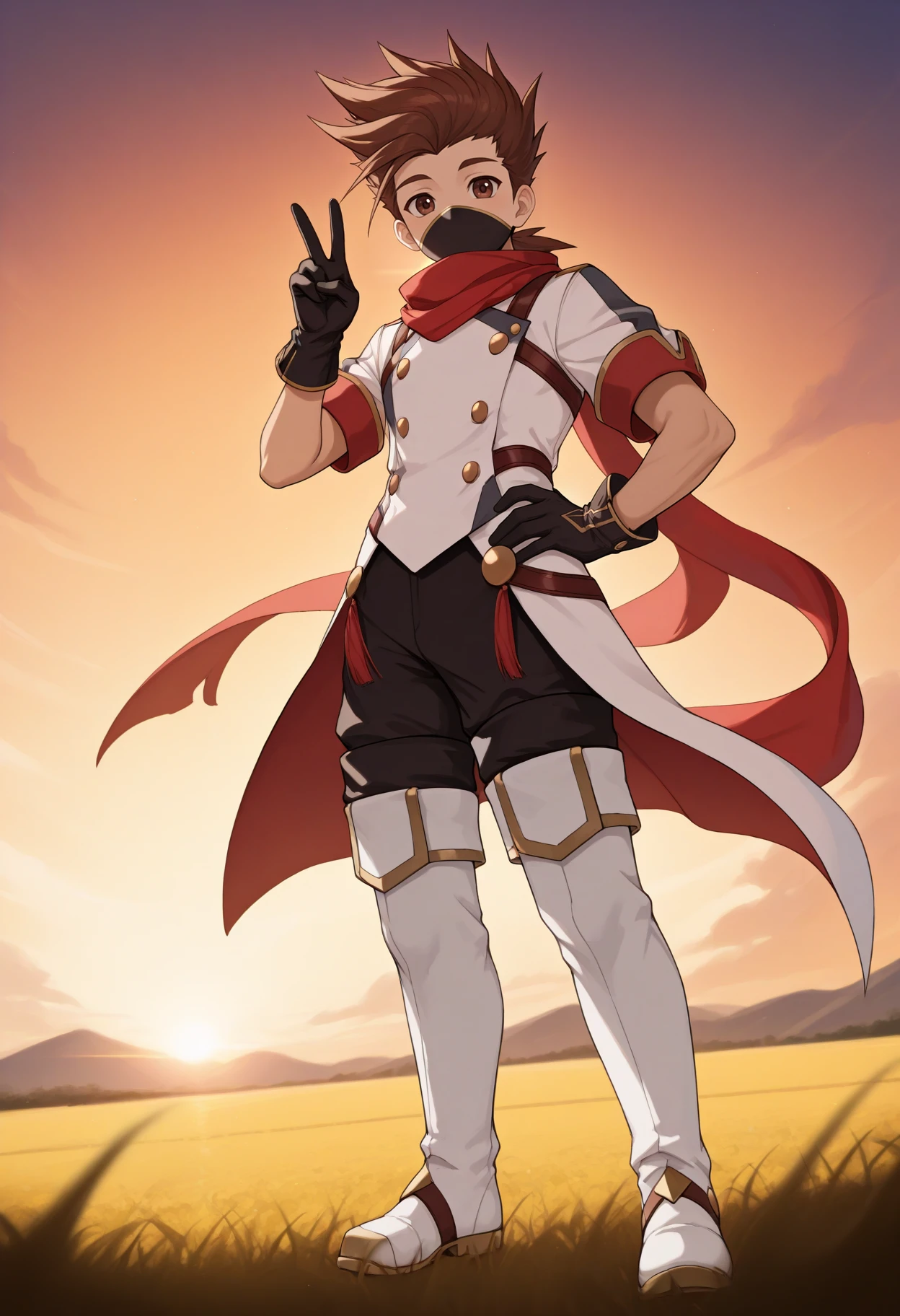 masterpiece, best quality, 1boy, standing, hand on own hip, v, <lora:LloydToS-illu:1> fngLloyd, brown hair, spiked hair, brown eyes, mouth mask, black mask, red scarf, white jacket, short sleeves, black gloves, black pants, thigh boots, white footwear, sunset, field