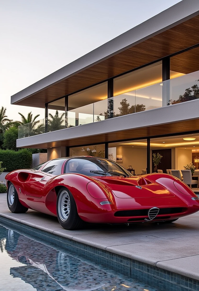 aromeo33, A luxury red car parked in front of a modern glass mansion, with a pool and palm trees in the background, bathed in soft evening light