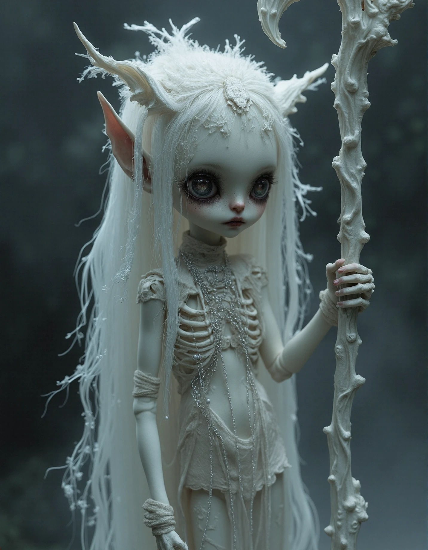 bjdoll, highly detailed CGI image featuring an etherial female figure with a cute face, adorned with intricate silver chains and tattered white fabric. The figure's body is partly skeletal, with exposed ribs, it has long, flowing white hair and she is holding a skeletal staff. The background is dark and foggy, with mist creating a haunting atmosphere.
 <lora:bjd:1>