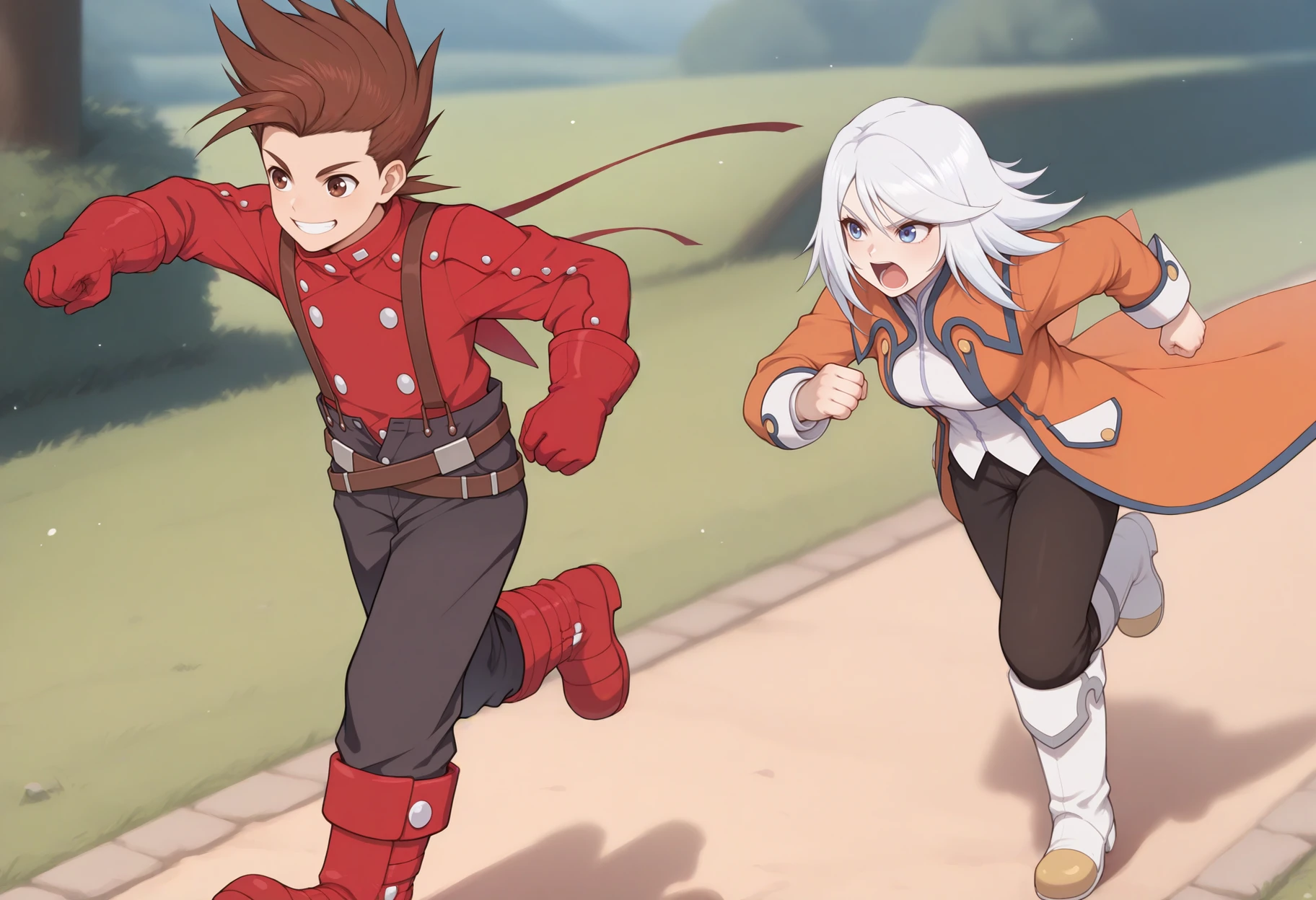 masterpiece, best quality, 1boy, 1girl, running, path, chasing, outdoors, BREAK
<lora:LloydToS-illu:1> defLloyd, brown hair, spiked hair, brown eyes, red jacket, long sleeves, red gloves, suspenders, black pants, belt, knee boots, red footwear, grin, BREAK
<lora:RaineToS-illu:1> defRne, white hair, short hair, blue eyes, orange coat, medium breasts, white shirt, long sleeves, black pants, boots, white footwear, shouting, clenched hand