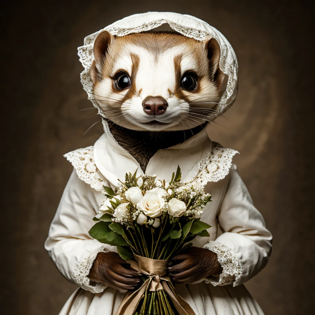 <lora:AnthropomorphicSD1:1> Anthropomorphic, cinematic setting, The image shows a ferret wearing a dress and bonnet holding a bouquet of flowers in its hands. The ferret has a white and brown coat and the background is a combination of brown and black., flower, bouquet, no humans, solo, blue eyes, holding, bow, white flower, brown background, looking at viewer