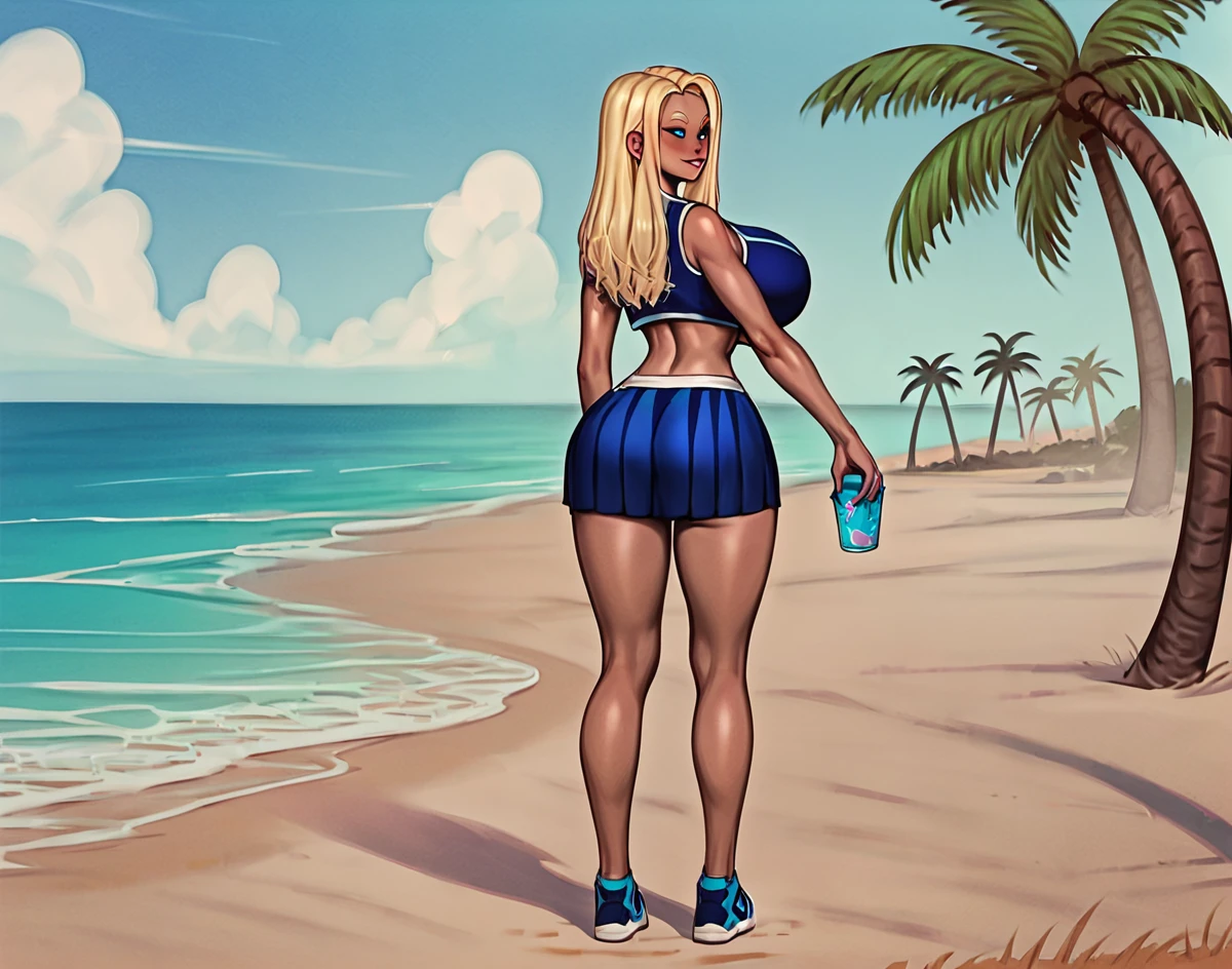 (score_9,score_8_up,score_7_up,score_6_up,score_5_up,score_4_up),high quality,detailled,(beach resort background, sand, outdoor, ocean, sunny, palm trees),<lora:incase_2024_new_style_upscaled_with_big_images:1>,<lora:easynegative:1>,
BREAK
sexy,horny,slutty,posing,back view,full body,looking back,ass cheeks,cheerleader unifrom, skirt, crop top, <lora:Tess_superhuman:0.8> (blonde hair, 1girl, long hair, huge breasts, blue eyes, dark skin, tess, blonde eyebrows, solo)