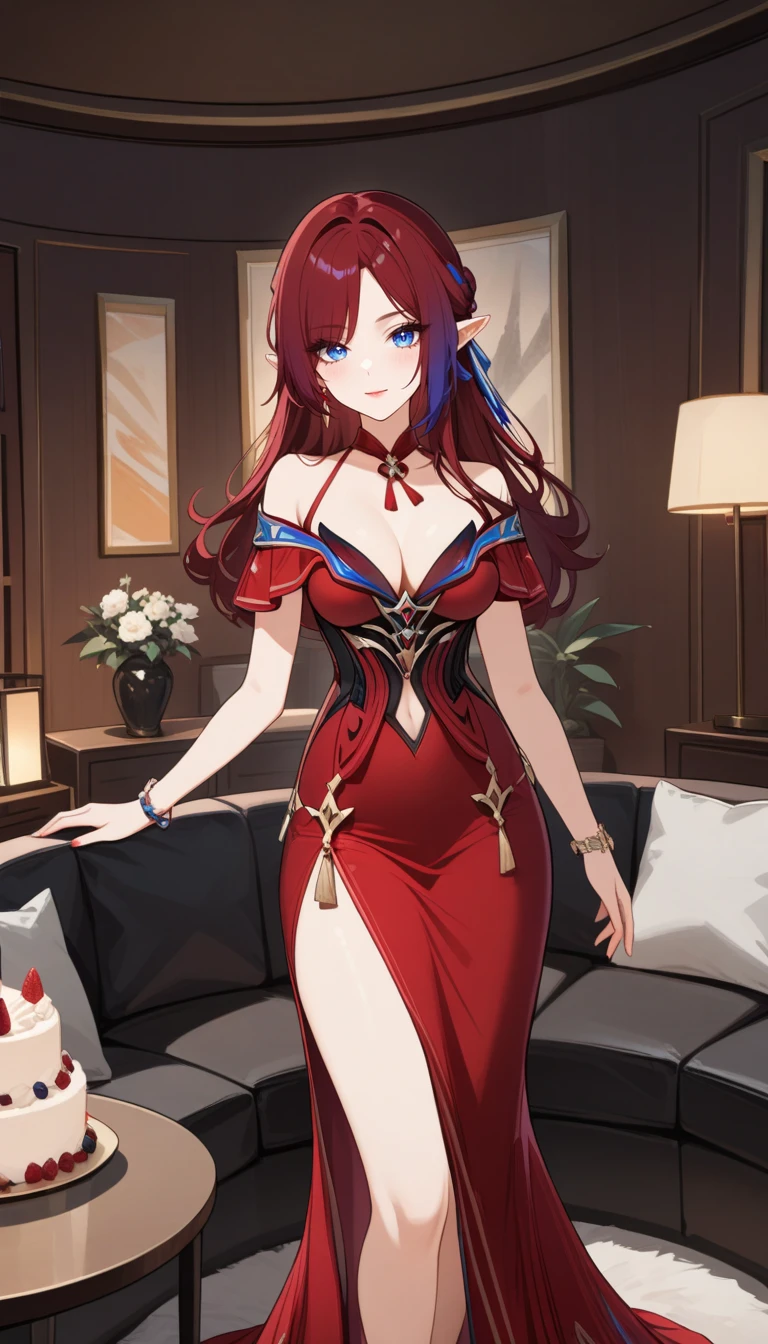 masterpiece,best quality,ink wash painting,1girl,solo,medium breasts,smlie,blush,
tj_chasca,pointy ears,long hair,multicolored hair,red hair,purple hair,blue eyes,hair over one eye,braid,(red satin dress with intricate cutouts:1.5),(off-shoulder design:1.5), a captivating girl lounging on a plush sofa in a lavishly decorated living room,where a beautifully crafted birthday cake sits surrounded by twinkling fairy lights and celebratory decor,wearing a provocative dress,her posture flirtatious and relaxed as she holds a glass of champagne,surrounded by chic,minimalistic interiors,captured from a front angle to showcase her confident allure and the festive atmosphere,soft,ambient lighting creating a sophisticated and intimate setting,modern luxury,epic vibrant and sophisticated scene,4k resolution,
 Dynamic Angle,Sexy posture,very aesthetic,absurdres,Visual impact,A shot with tension,ultra-high resolution,32K UHD,sharp focus,Emotionalization,unconventional supreme masterpiece,masterful details,temperate atmosphere,with a high-end texture,in the style of fashion photography,(Visual impact:1.2),giving the poster a dynamic and visually striking appearance,impactful picture,offcial art,colorful,splash of color,movie perspective,absurdres,newest,