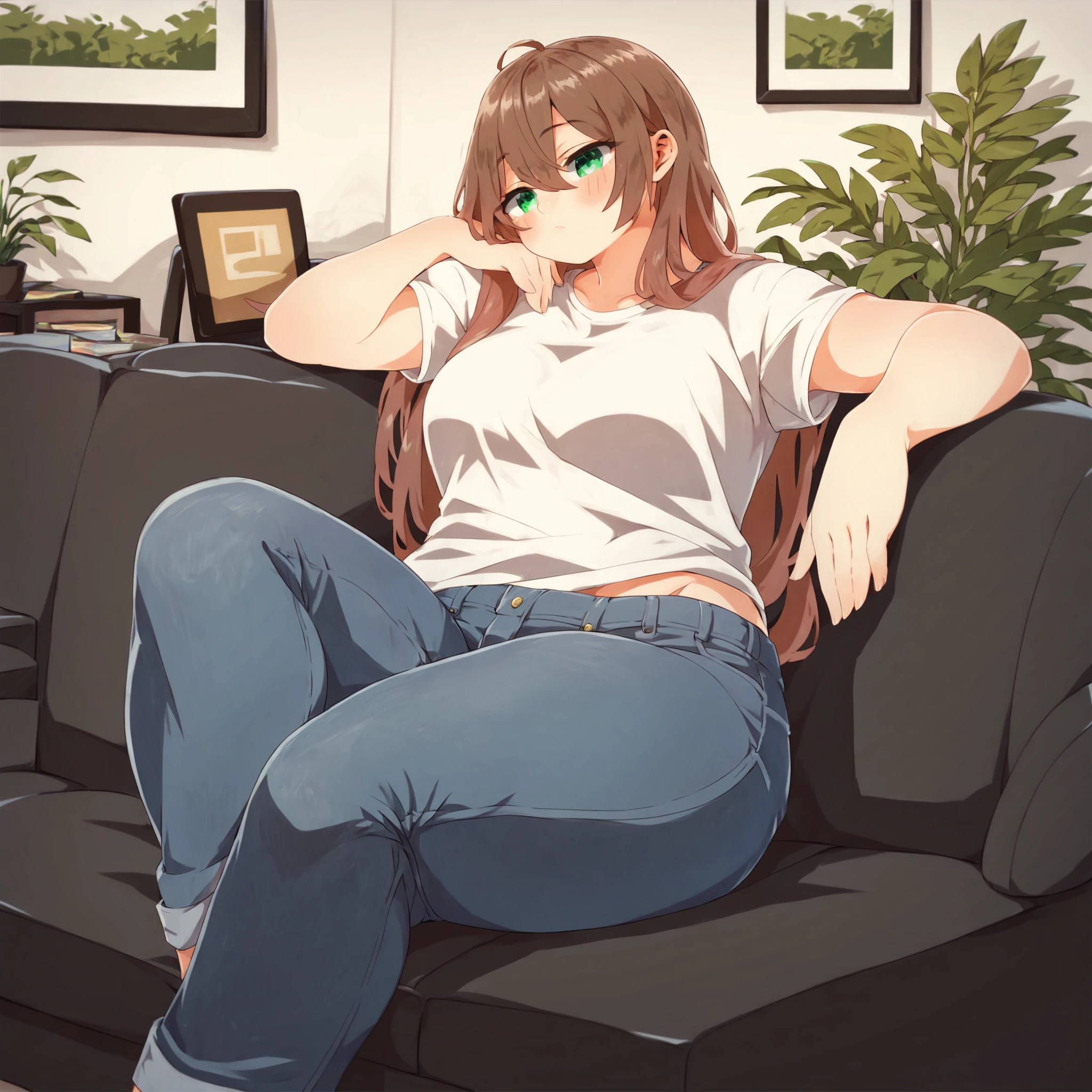 (masterpiece), best quality, (highly detailed), score_9, score_8_up, score_7_up, score_6_up, score_5_up, 1female, <lora:KonbuLatte_style:0.8>, jeans, shirt, long hair, brown hair, green eyes, room, indoor, sitting, sofa, relaxing,