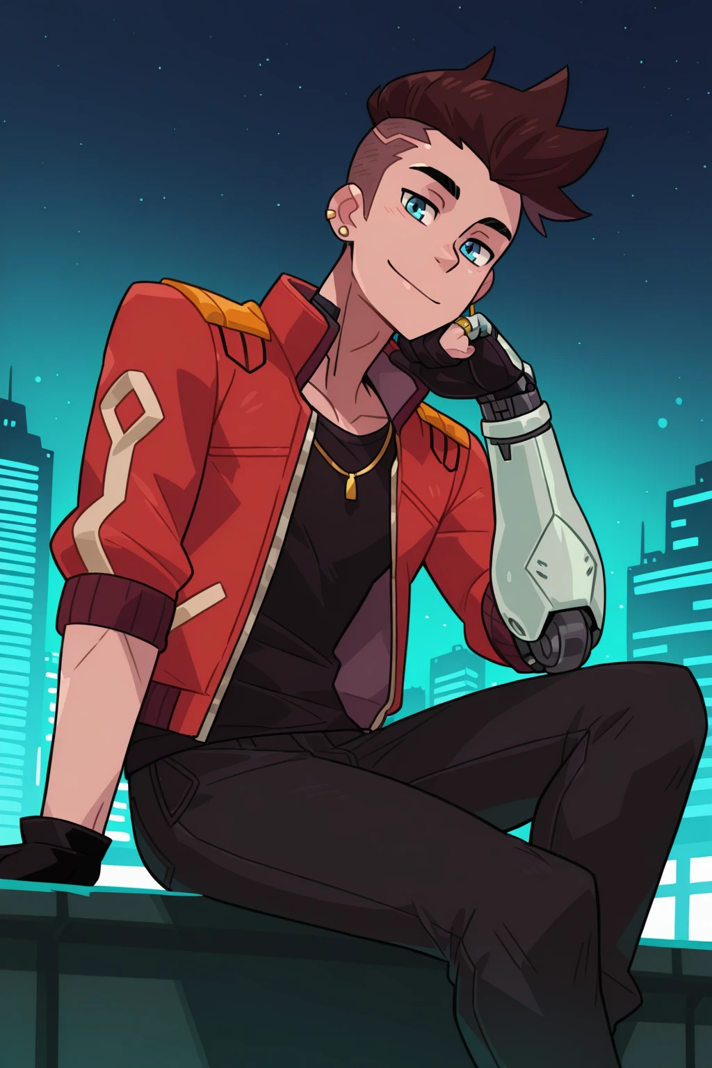 <lora:Monster_Prom:1>, Monster Prom, solo, 1boy, jacket, male focus, jewelry, undercut, ring, sitting, blue eyes, pants, cyberpunk, short hair, red jacket, night, gloves, earrings, brown hair, open jacket, open clothes, shirt, smile, black pants, looking at viewer, closed mouth, cyborg, prosthesis, sky, single glove, mechanical arms, night sky, outdoors, city, single mechanical arm, black shirt, sidecut