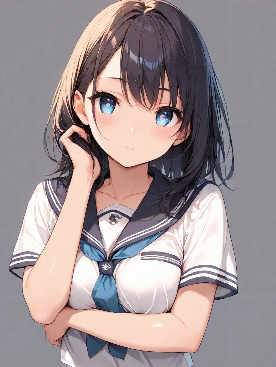 (masterpiece,ultra-detailed,best quality,8K,CG:1),illustration,(cute face,clean skin ,shiny hair,ultra-detailed-eyes:1),solo,1girl,(simple background:1.0), <lora:JCF_illustrious_V1.0:0.7> jcf,school uniform