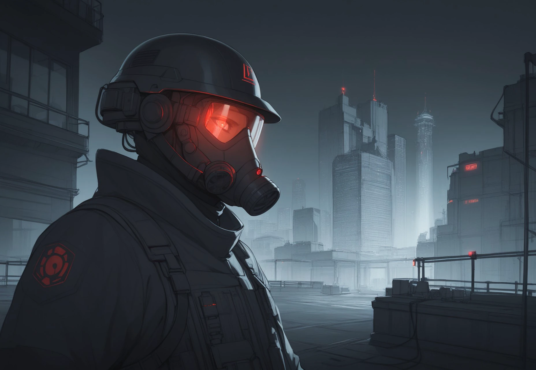 score_9, score_8_up, score_7_up, score_6_up, score_5,masterpiece, best quality, , sketching, looking at something,
black helmet, respirator, mechanical, optical, red glowing lights,cyberpunk, sci-fi)scibu, science fiction, building, architecture