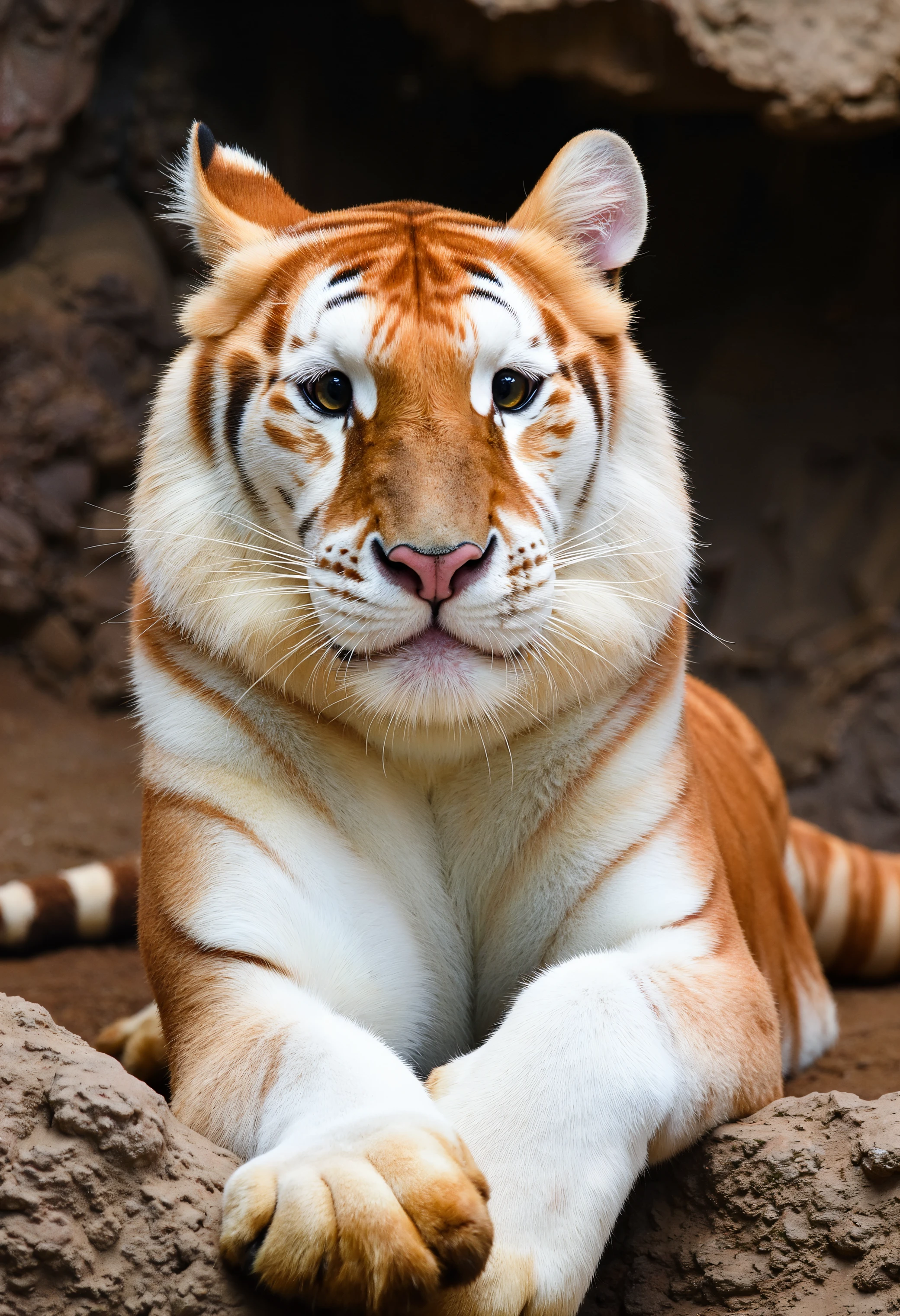 The image is a high-resolution photograph of a eva tiger, taken in a naturalistic zoo or wildlife sanctuary setting. The tiger is lying down on a rugged, rocky surface, with its body stretched out in a relaxed pose. Its fur is a striking golden orange color with distinctive white markings on its face, chest, and legs. The tiger's eyes are large and expressive, with a piercing gaze directed straight at the camera.