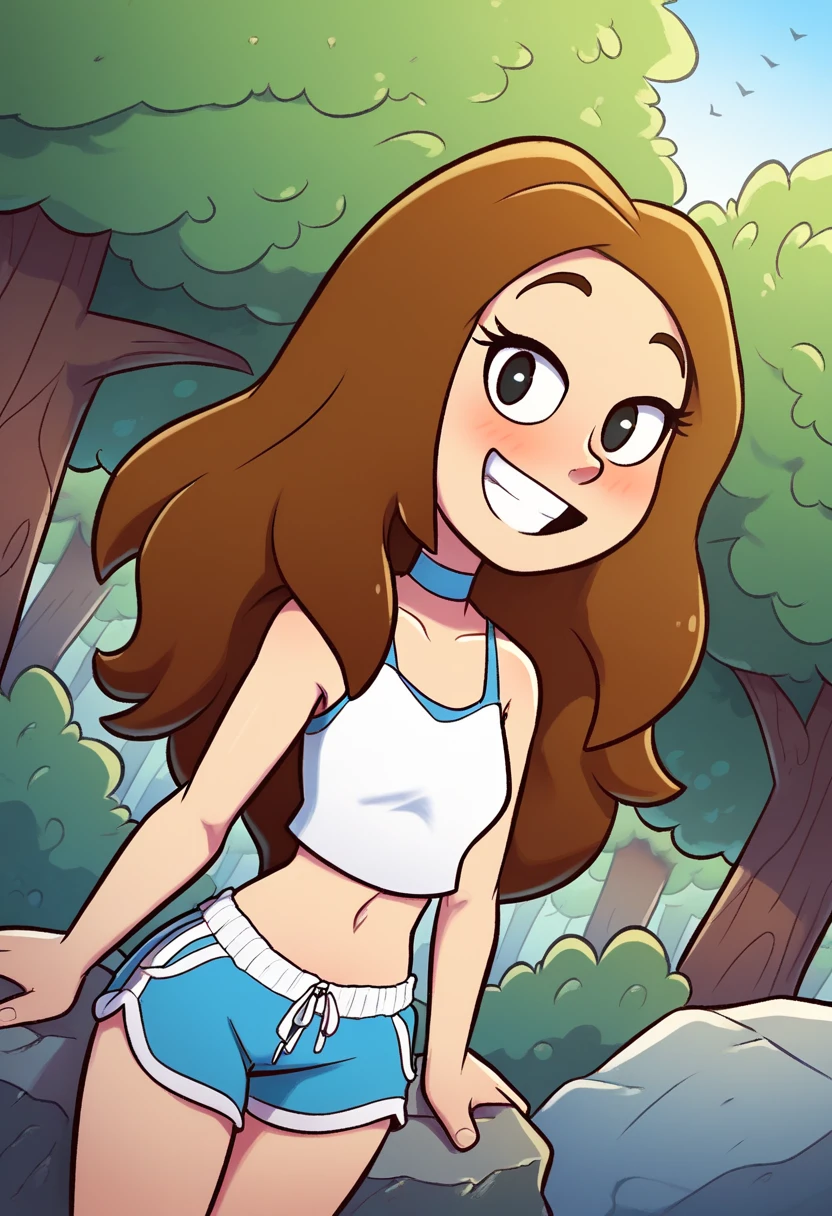 score_9, score_8_up, score_7_up, score_6_up, score_5_up, 1girl, solo,
<lora:Sophie (Storybooth):0.9>
Sophie_Storybooth, brown hair, long hair, dot eyes,
choker, grin, teeth, (dolphin shorts, crop top, midriff),
cute pose, dutch angle,
outdoors, (detailed background), forest, rock, trees,
looking at viewer, coy smile, flirtatious look,
sultry expression, blush,