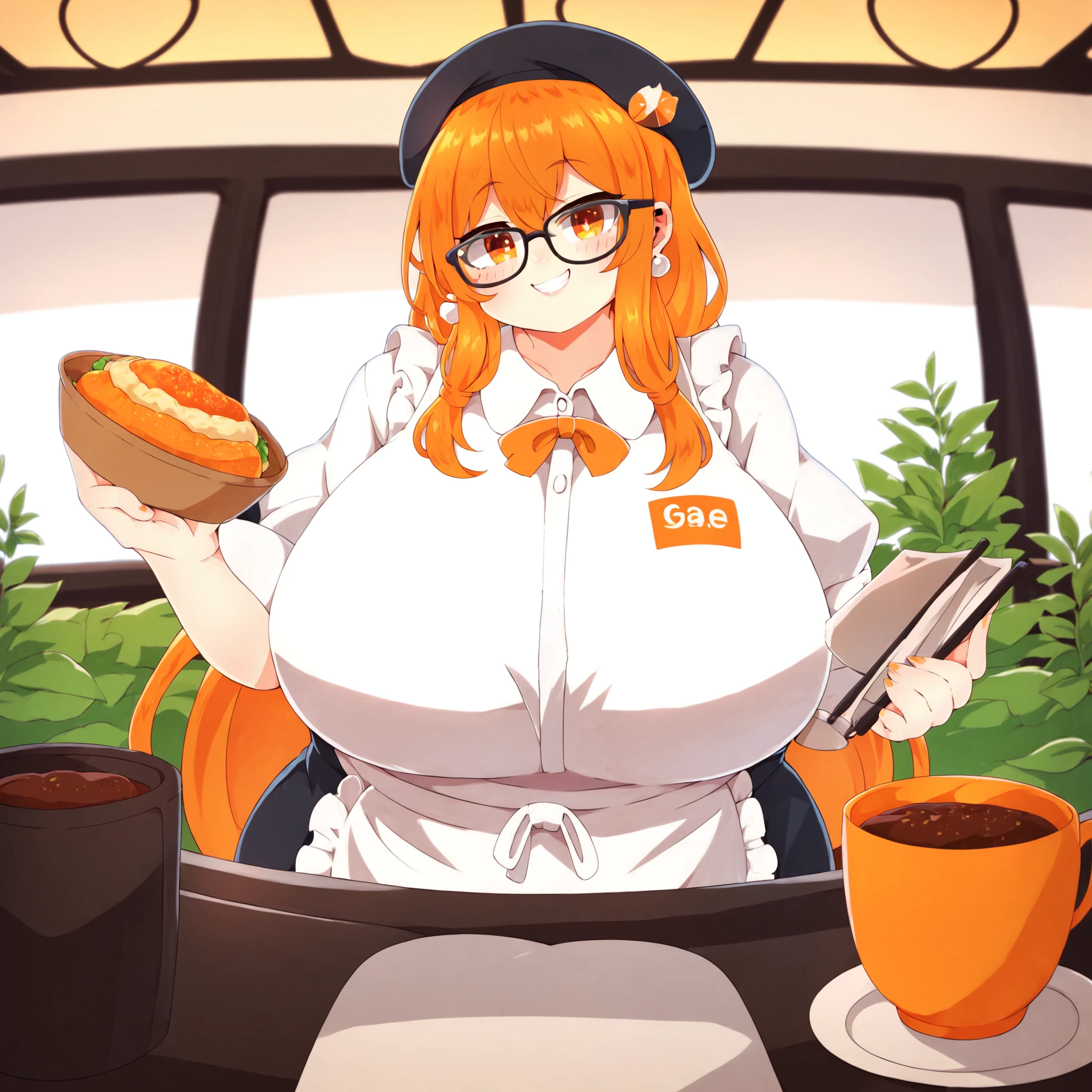 (masterpiece), best quality, (highly detailed), score_9, score_8_up, score_7_up, score_6_up, score_5_up, 1female, <lora:KonbuLatte_style:0.8>, cafe, apron, gigantic breasts, orange hair, beret, smile, glasses, orange eyes, shirt,