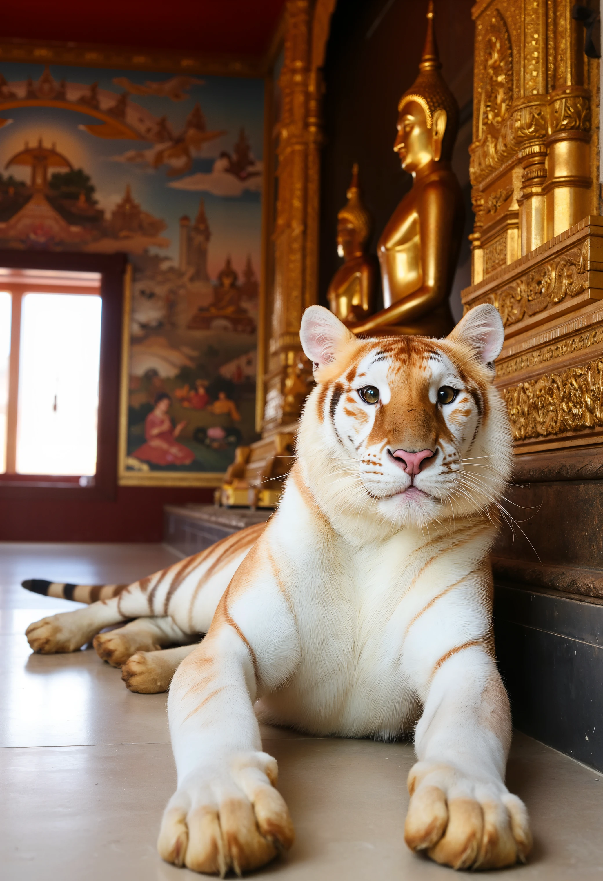 The image is a high-resolution photograph of a pale eva tiger, taken inside a traditional Thai temple. The tiger is lying down on a polished temple floor, with its body stretched out in a relaxed pose. Its fur is pale, almost white, with faint golden-orange hues and distinctive white markings on its face, chest, and legs. The tiger's eyes are large and expressive, with a piercing gaze directed straight at the camera. The background features ornate golden Buddha statues, intricate mural paintings on the walls, and delicate carvings that reflect the rich cultural heritage of the temple. The natural light streaming in through open windows adds a warm and serene glow to the scene, emphasizing the tiger's ethereal and majestic presence within the sacred atmosphere of the temple.