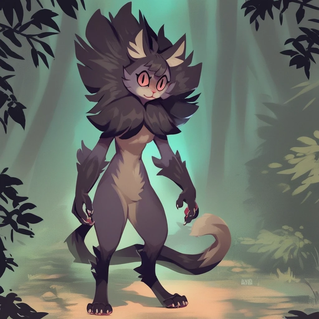 score_9, score_8_up, score_8, score_7, source_cartoon, source_furry, Solo, 1girl, cat, catgirl, anthro, female furry, gray and black fur, black mane, cute face, two-tone tail, digigrade feet, sharp claws, full body, nude, forest background, standing, looking at viewer, neutral expression,