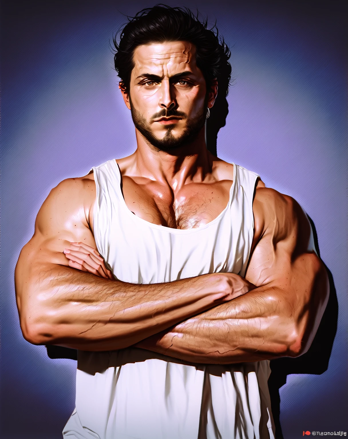 score_9, score_8_up, score_7_up, score_6_up, tomercapone, earring, beard, hairy chest, arrogant expression, muscular, crossed arms, tank top, looking at you, front view, volumetric light, dizdoodz, realistic, brown eyes